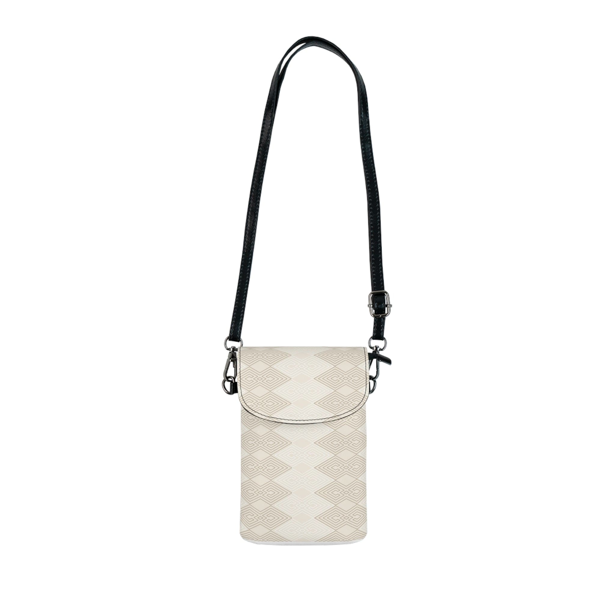 Beige and white tribal crossbody bag with geometric print, featuring adjustable strap and multiple compartments for phone and cards.