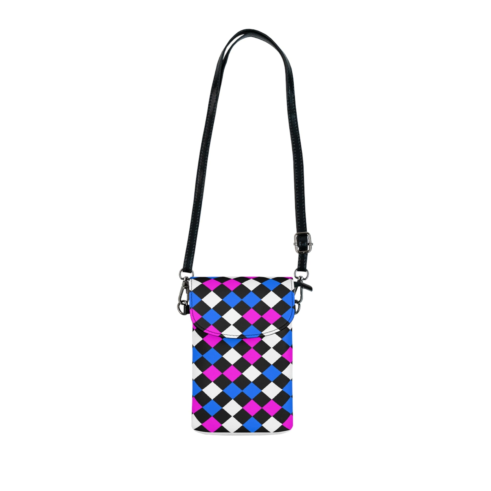 Stylish crossbody bag in black, pink, and blue checkered pattern, featuring adjustable strap and compartments for phone and cards.