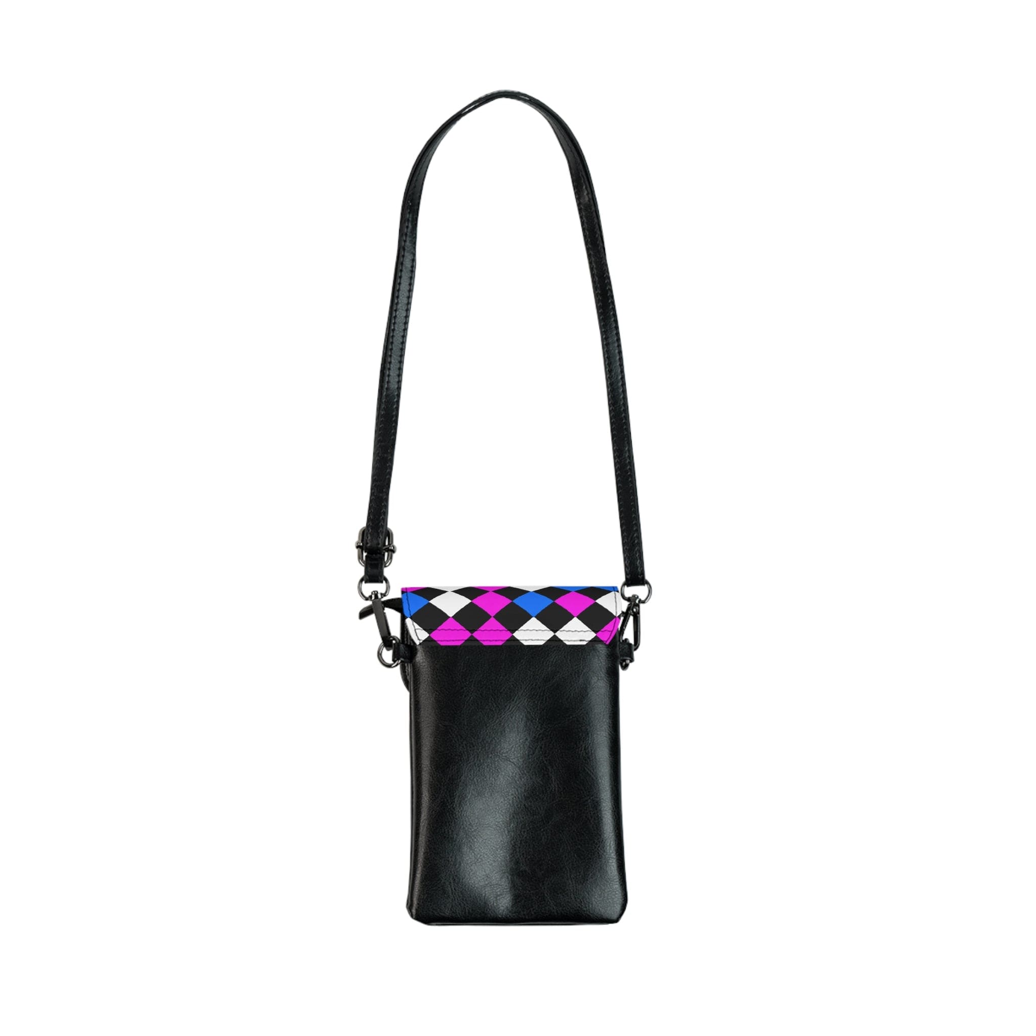 Stylish crossbody bag in black, pink, and blue checkered pattern, featuring adjustable strap and compartments for phone and cards.