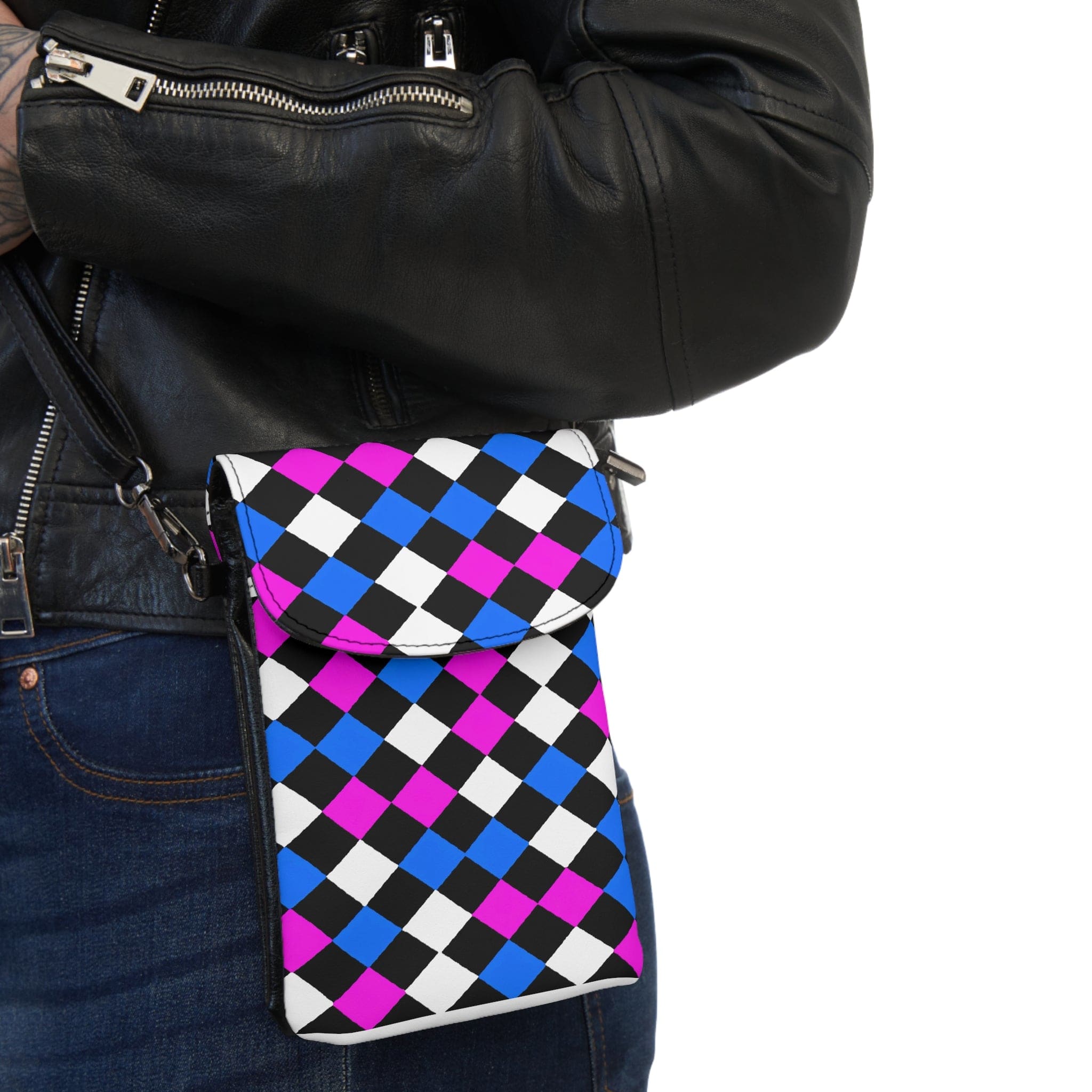 Stylish crossbody bag in black, pink, and blue checkered pattern, featuring adjustable strap and compartments for phone and cards.