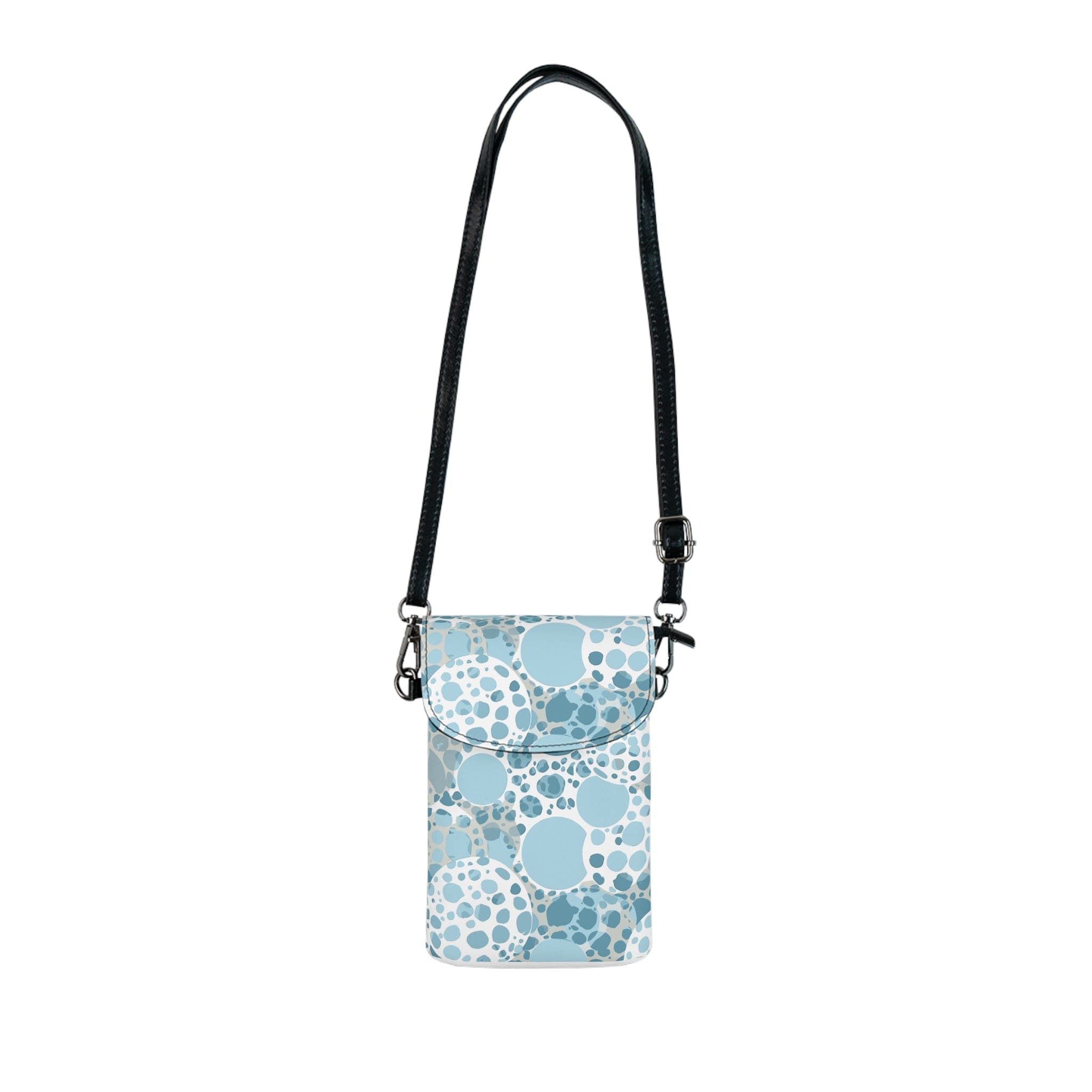 Stylish blue and white circular crossbody bag with adjustable strap and compartments for phone and cards.