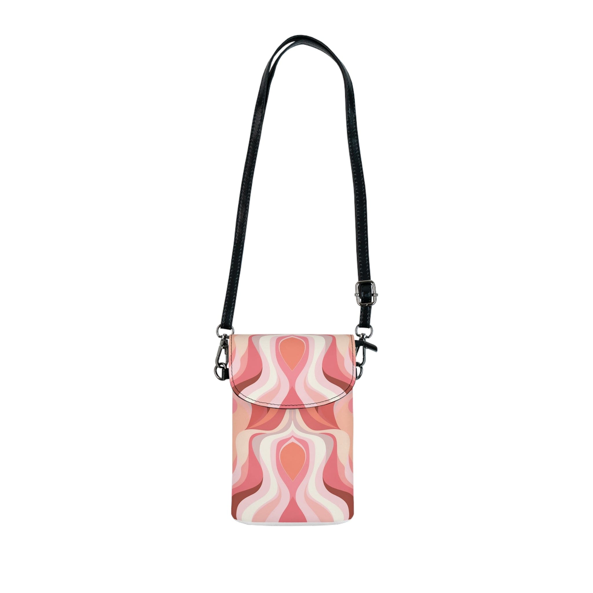 A stylish crossbody bag in boho pink and white design, featuring a faux leather strap and multiple compartments for phone and cards.