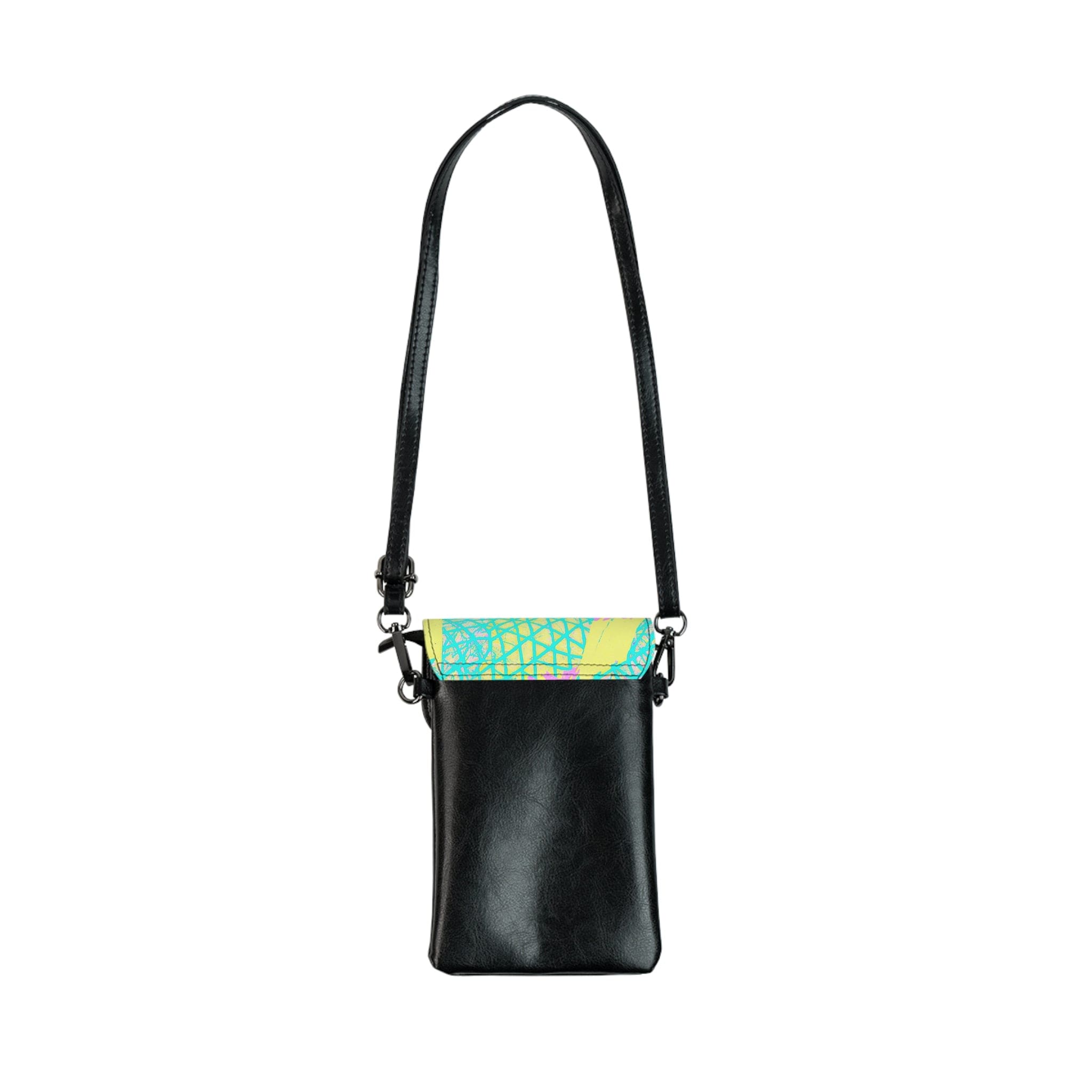 Stylish crossbody bag in cyan blue, lime green, and pink, featuring adjustable strap and multiple compartments for phone and cards.