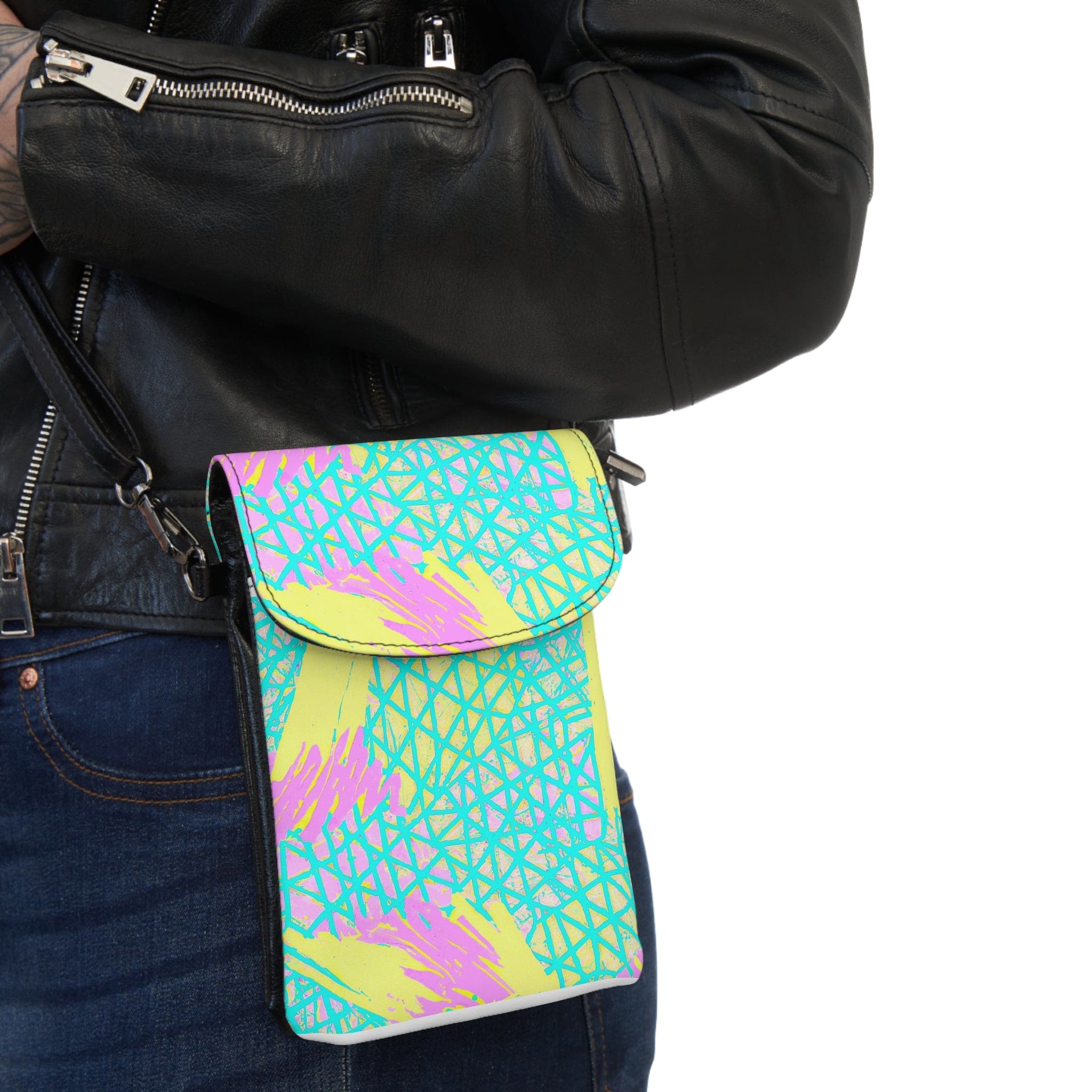 Stylish crossbody bag in cyan blue, lime green, and pink, featuring adjustable strap and multiple compartments for phone and cards.