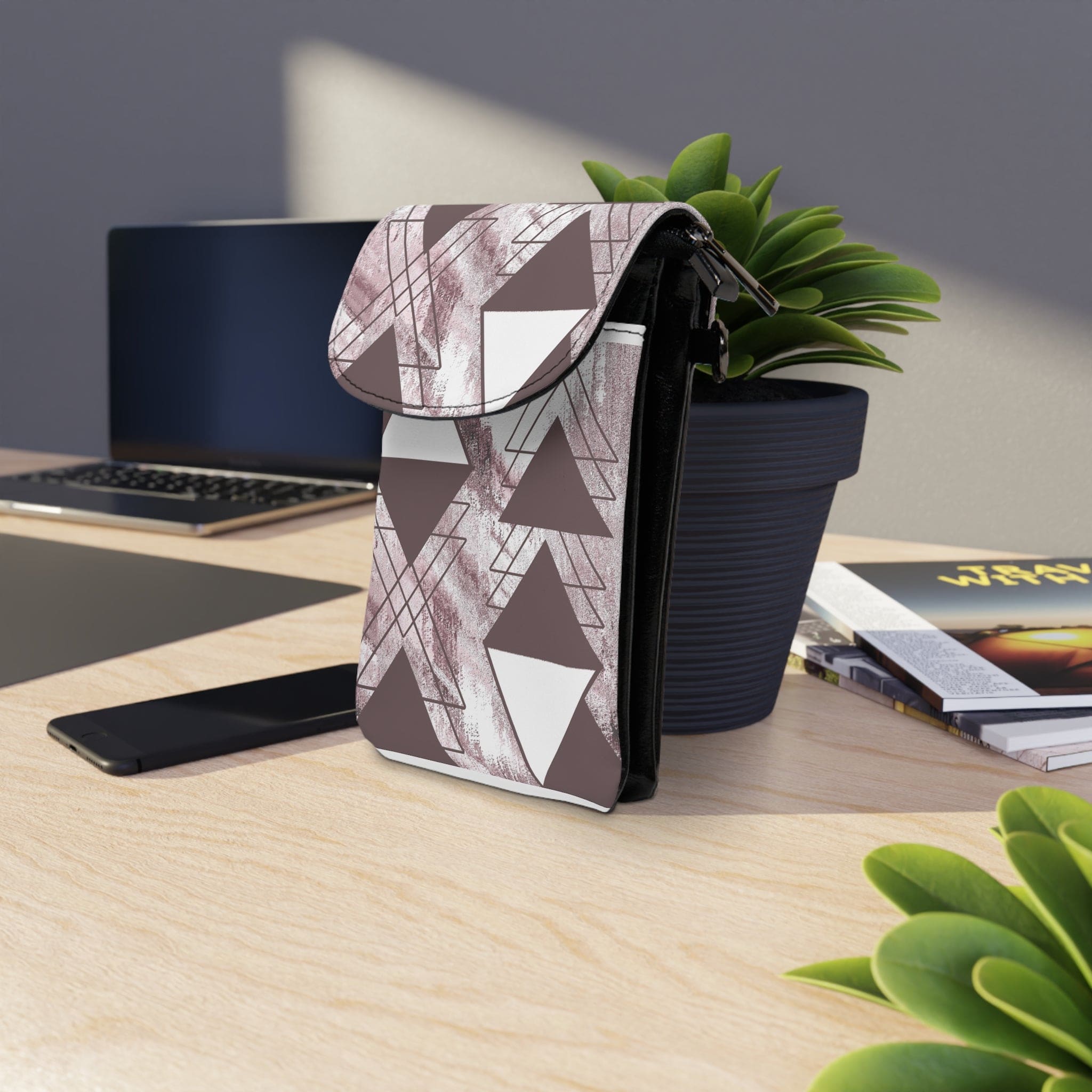 Mauve rose and white crossbody bag with adjustable strap and card slots.