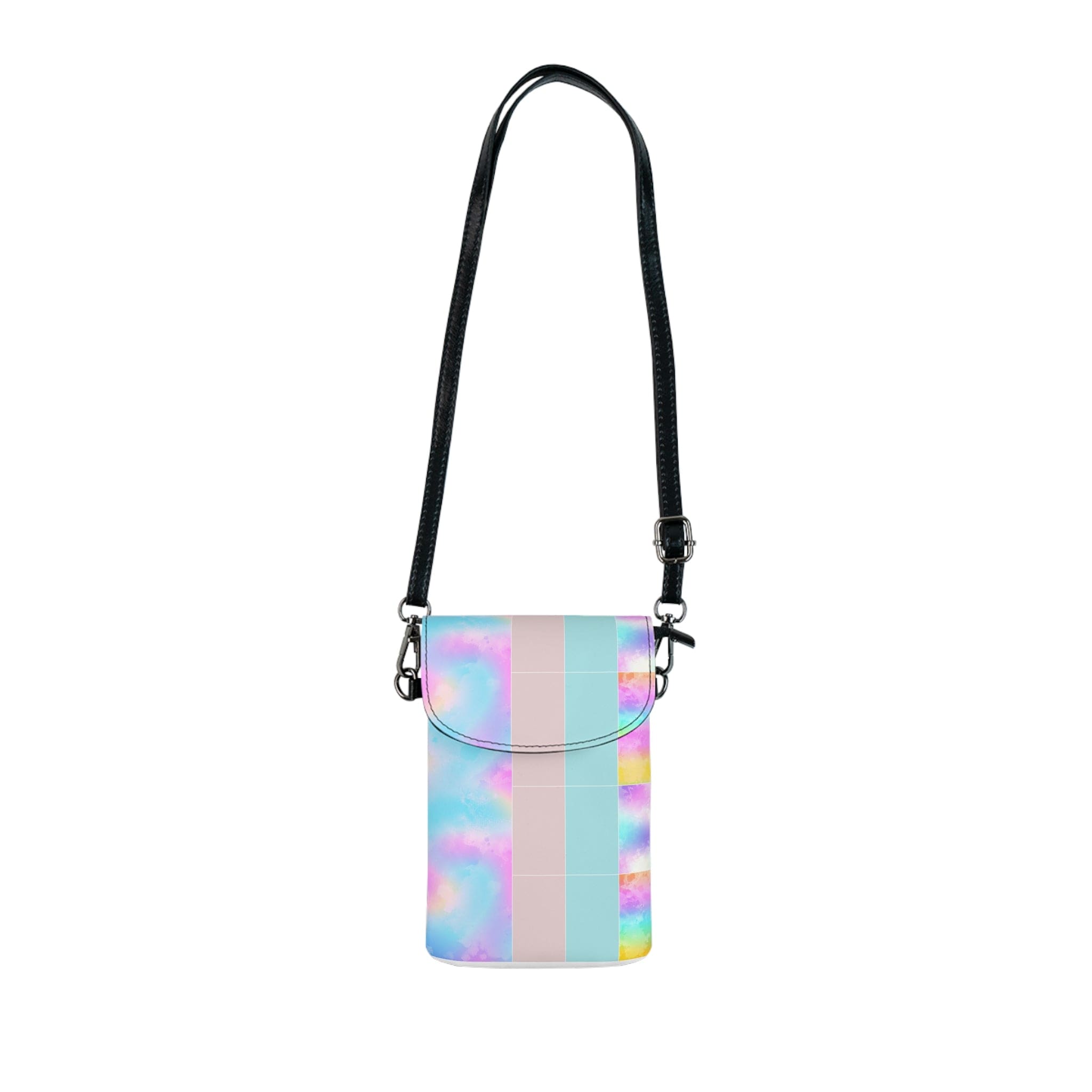 Pastel colorblock watercolor crossbody bag with adjustable strap and card slots.