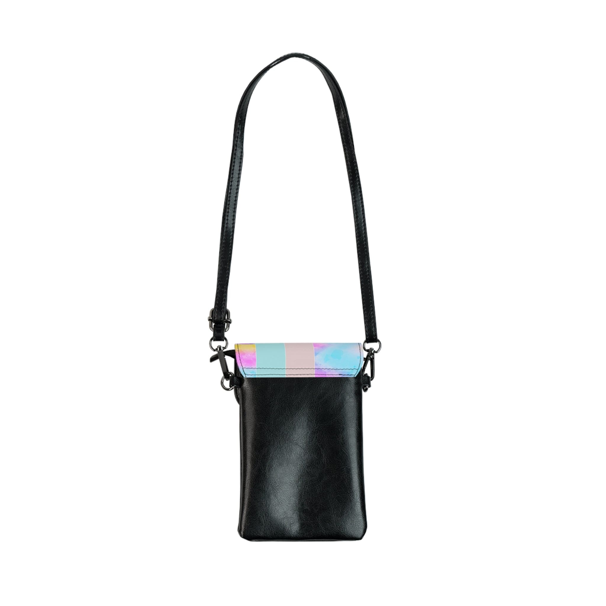 Pastel colorblock watercolor crossbody bag with adjustable strap and card slots.