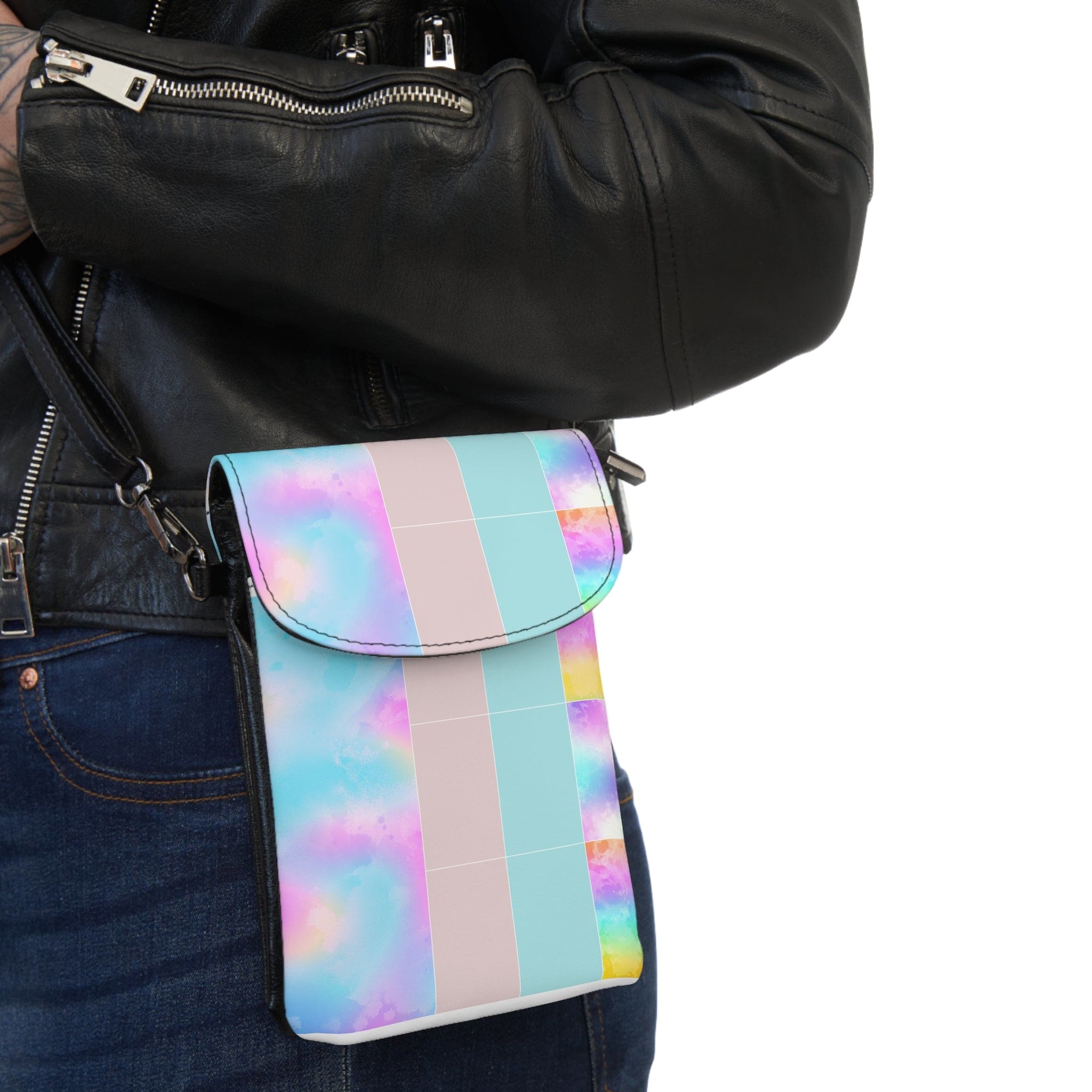Pastel colorblock watercolor crossbody bag with adjustable strap and card slots.