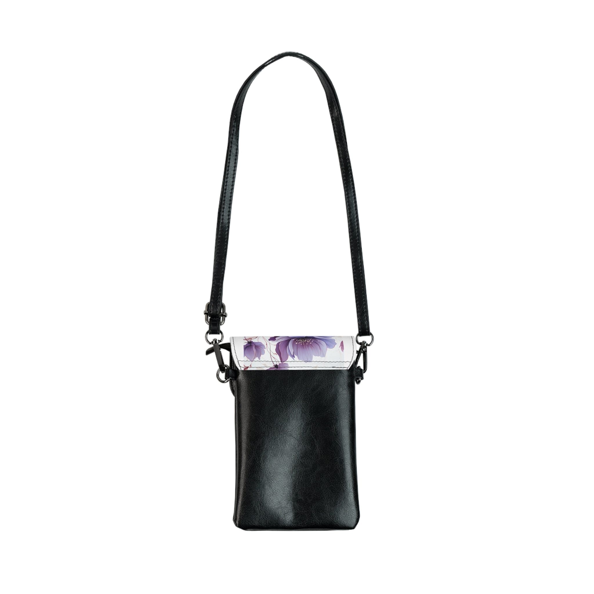 Purple and violet botanical crossbody bag with floral design, featuring adjustable strap and multiple compartments.