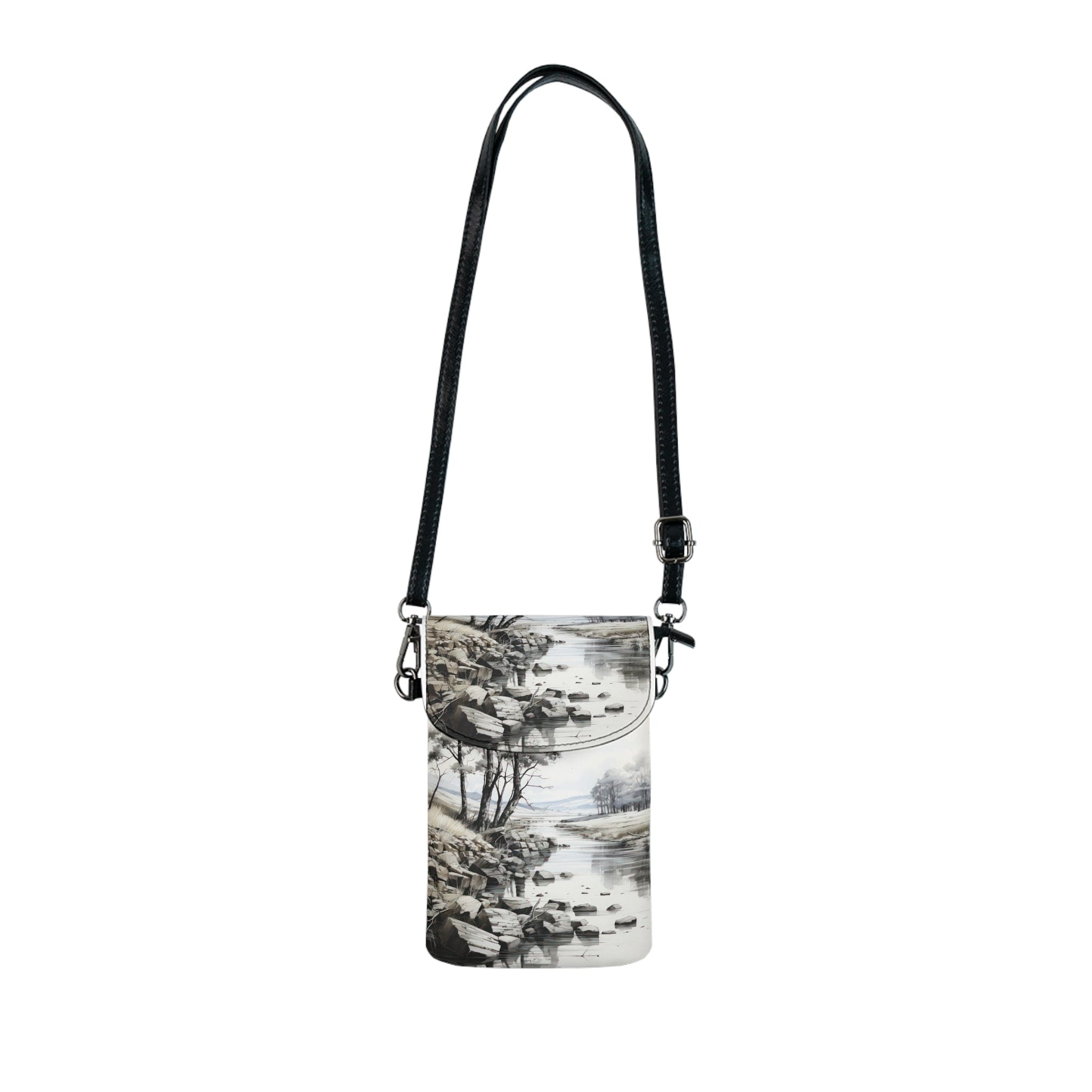 Still Waters Watercolor Crossbody Bag featuring a peaceful lake print, adjustable strap, and multiple compartments.