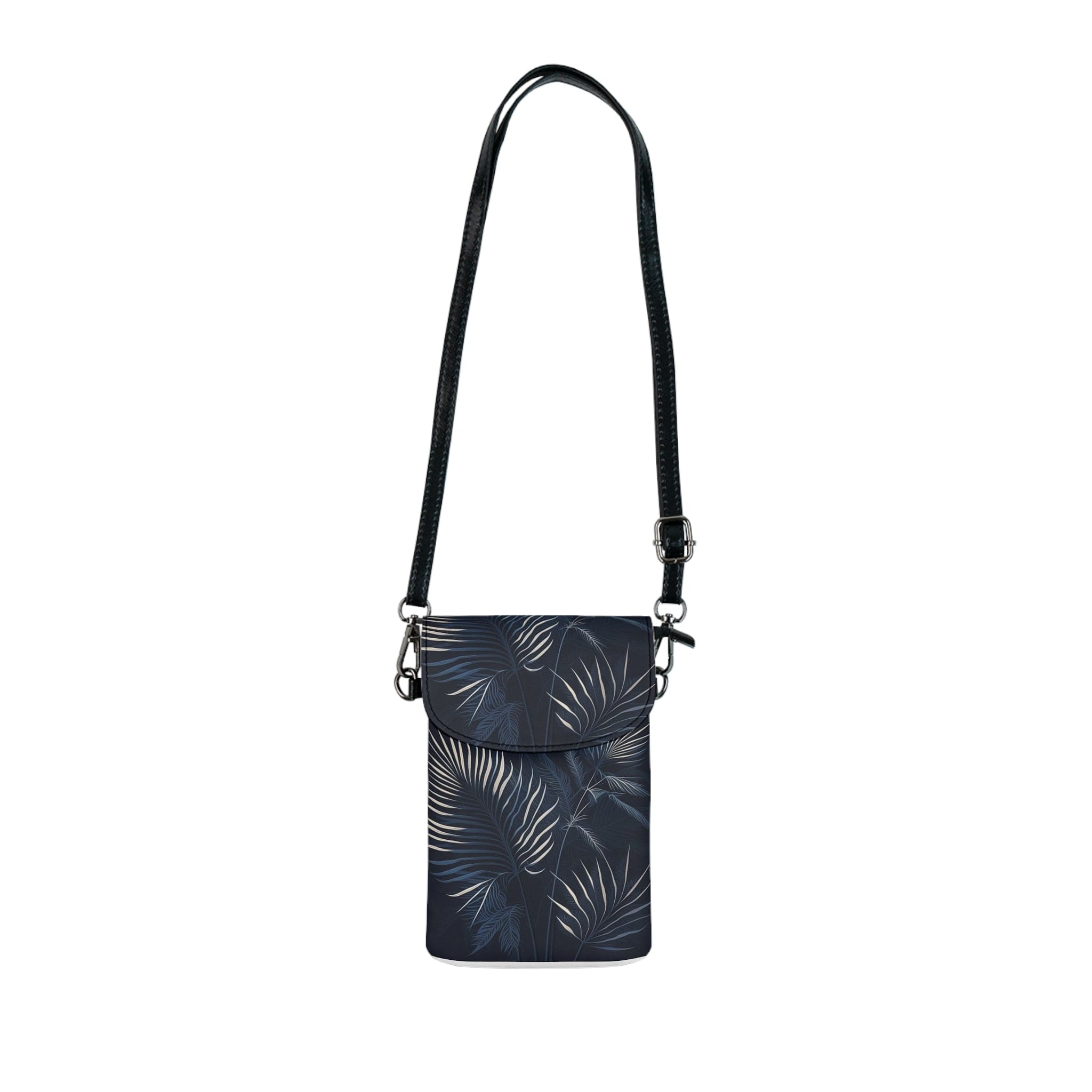 A stylish small crossbody bag featuring white line art palm trees on a navy blue background, perfect for carrying a cell phone and essentials.