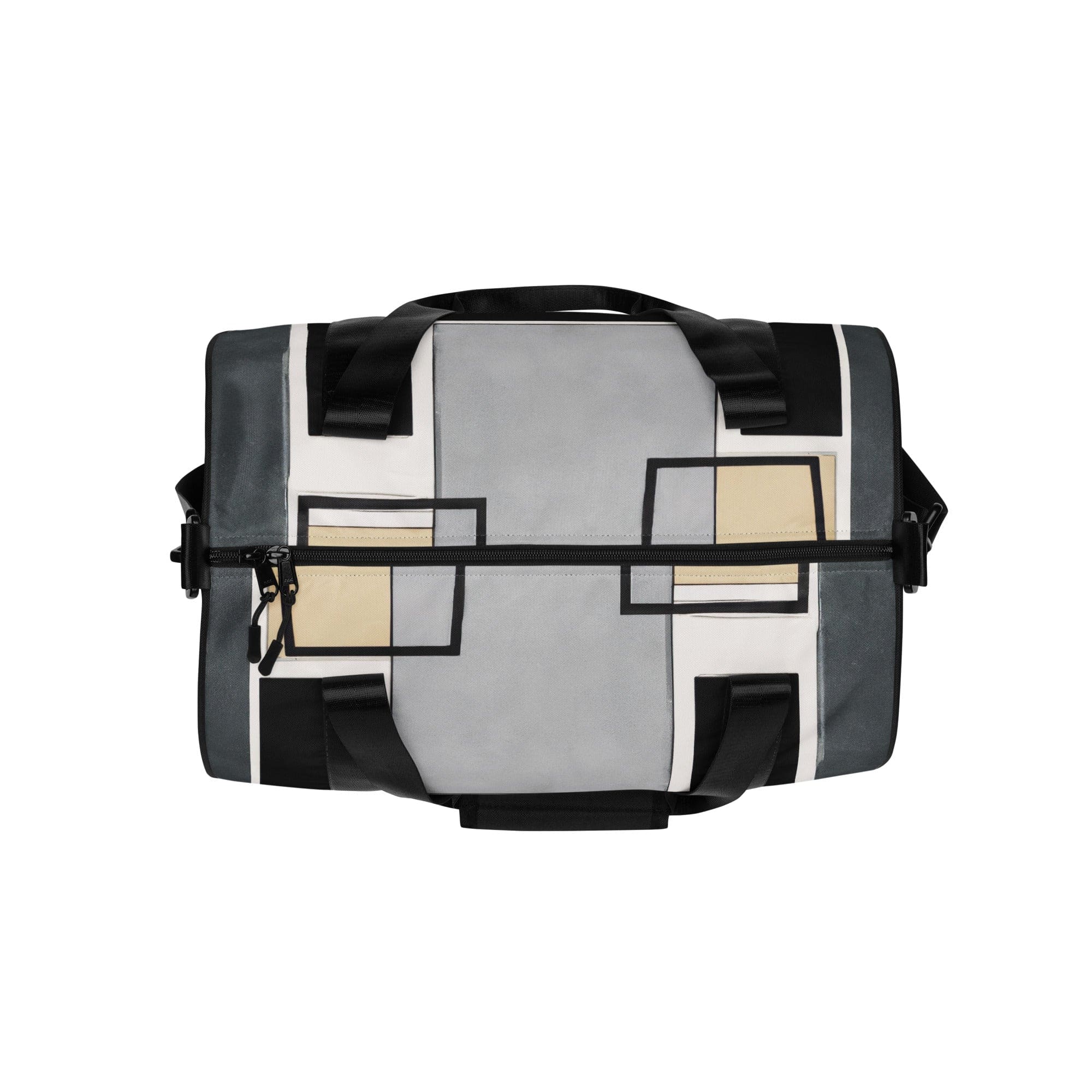 Crossbody water-resistant travel bag featuring a black grey abstract pattern, designed for durability and style.