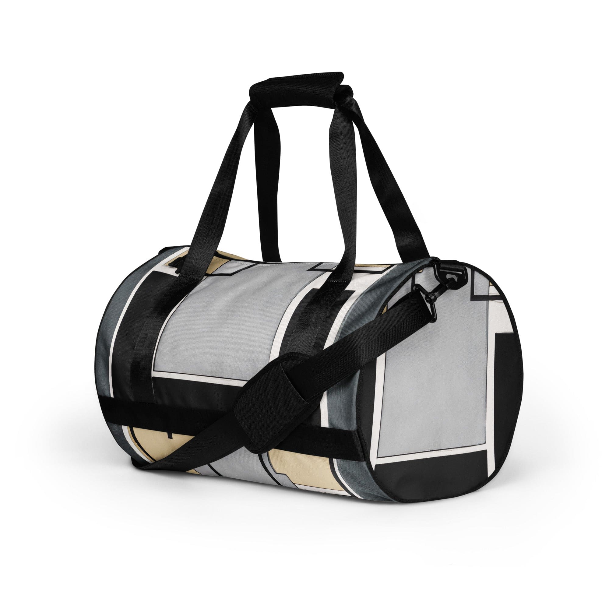 Crossbody water-resistant travel bag featuring a black grey abstract pattern, designed for durability and style.