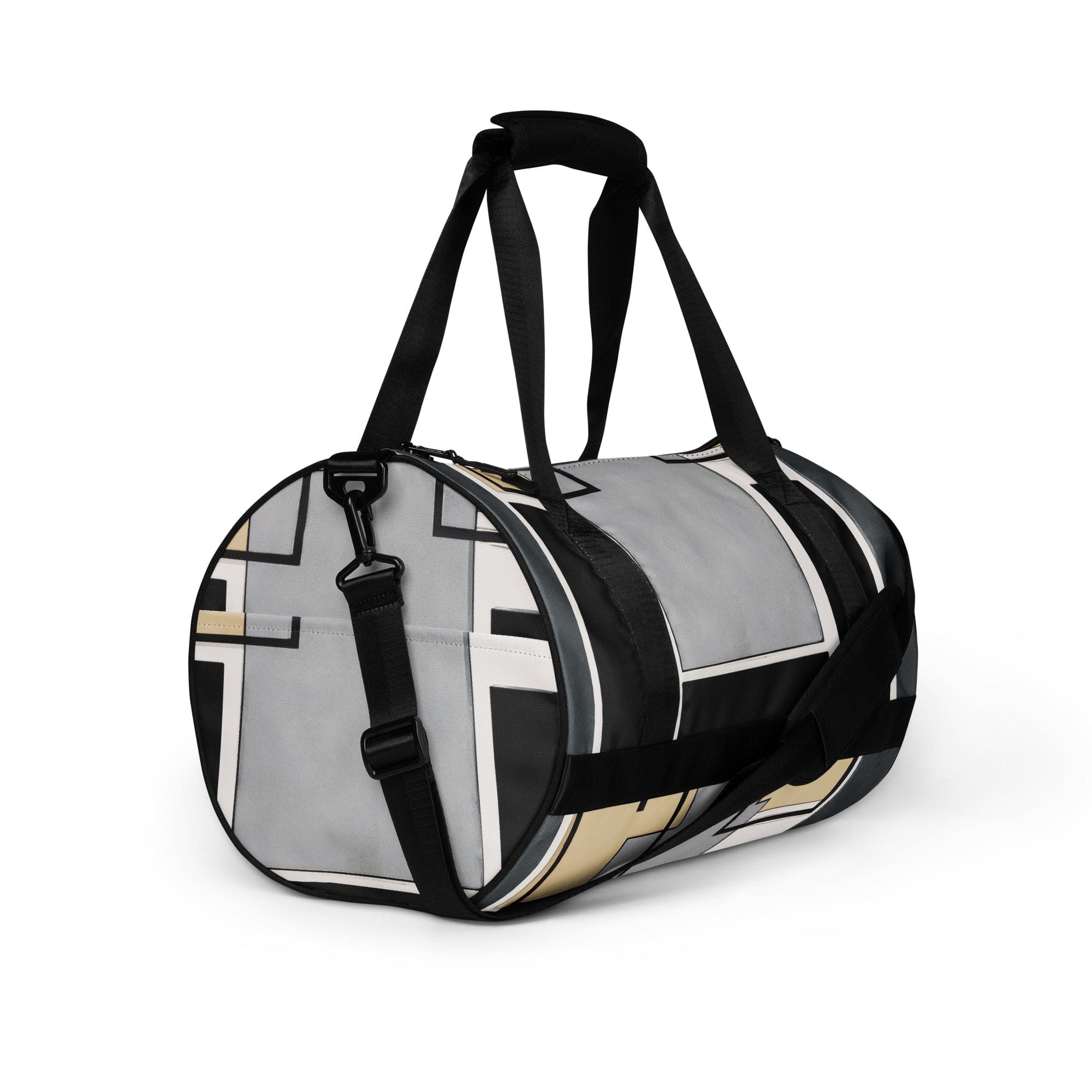 Crossbody water-resistant travel bag featuring a black grey abstract pattern, designed for durability and style.