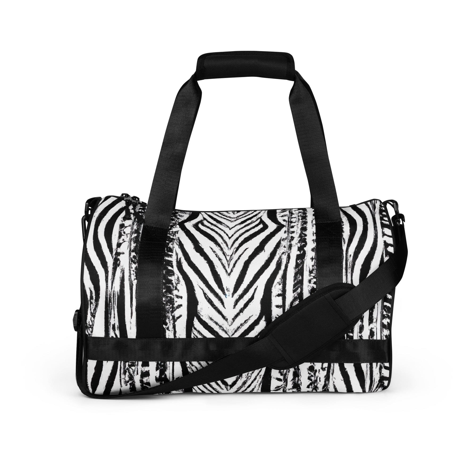Crossbody water-resistant travel bag featuring a black and white native print design, ideal for fitness and travel.
