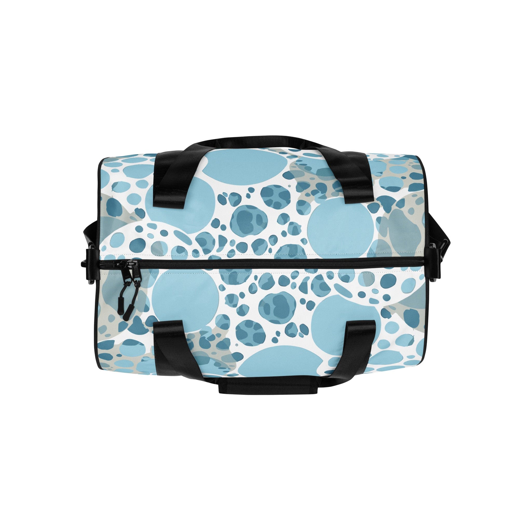 Crossbody water-resistant travel bag featuring a blue and white circular spotted design, ideal for fitness and travel.