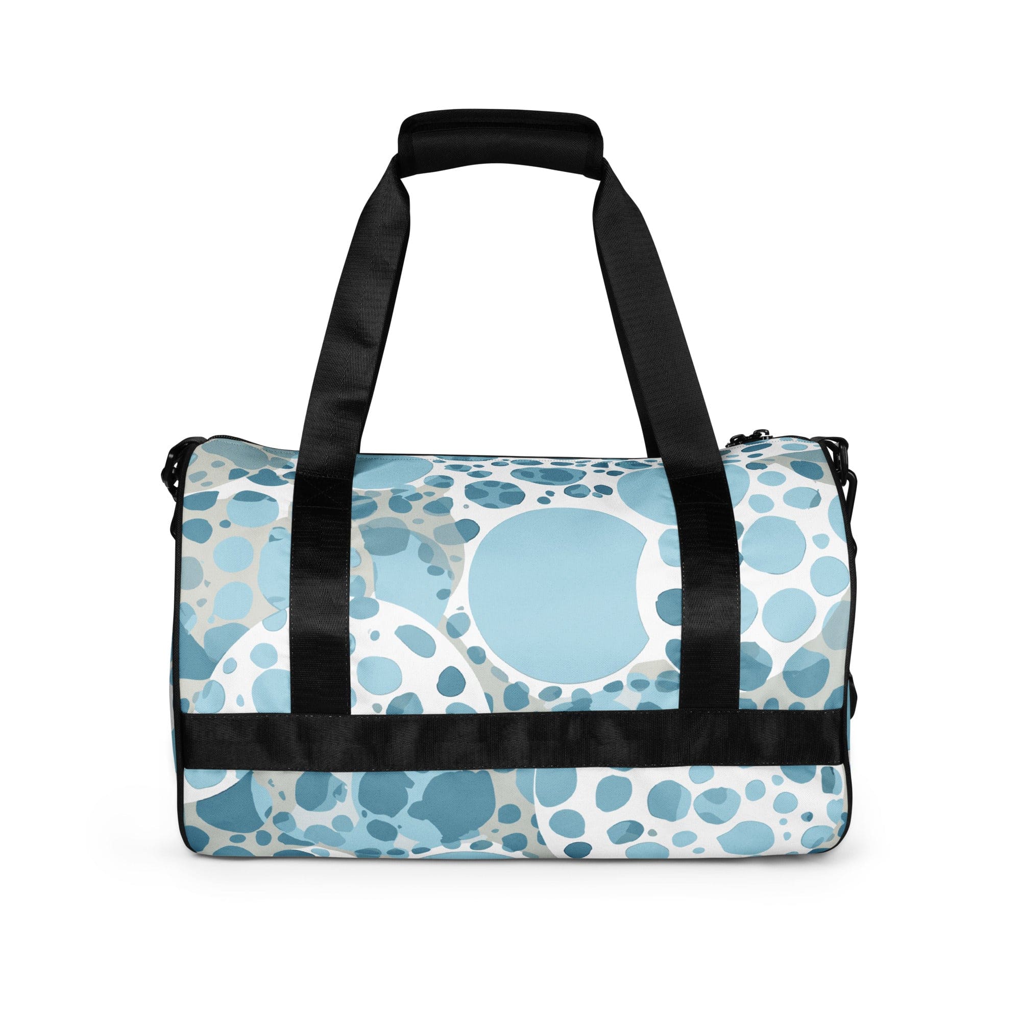 Crossbody water-resistant travel bag featuring a blue and white circular spotted design, ideal for fitness and travel.