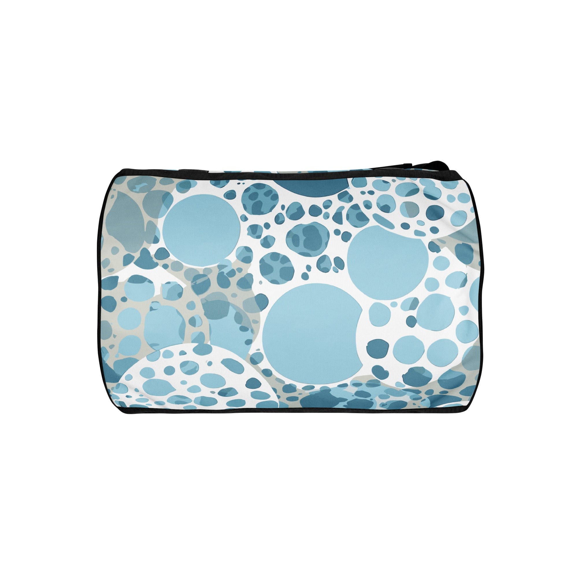 Crossbody water-resistant travel bag featuring a blue and white circular spotted design, ideal for fitness and travel.