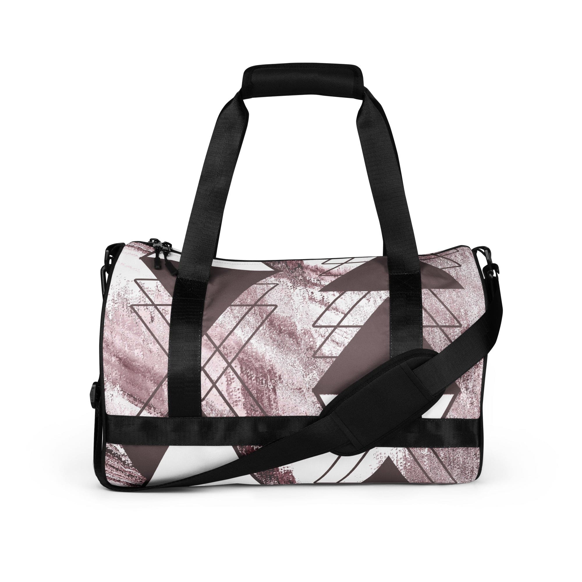 Crossbody water-resistant travel bag in mauve rose and white triangular colorblock, featuring dual padded handles and multiple pockets.