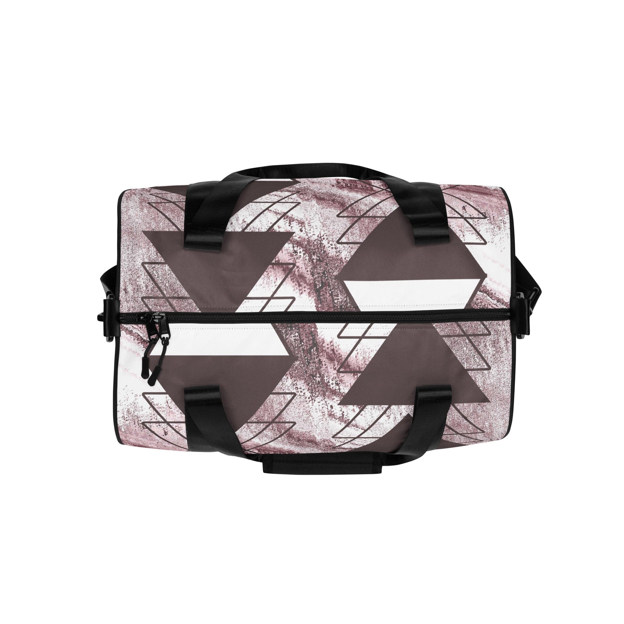 Crossbody water-resistant travel bag in mauve rose and white triangular colorblock, featuring dual padded handles and multiple pockets.