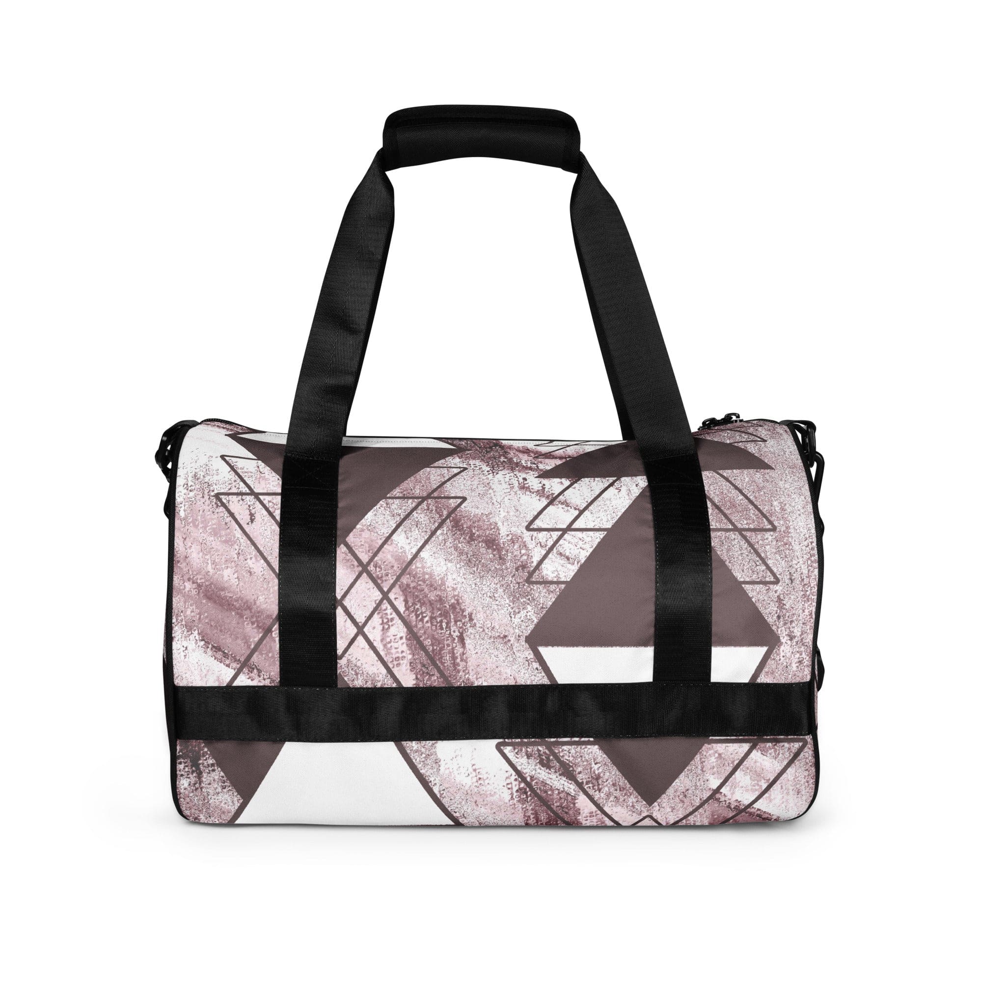 Crossbody water-resistant travel bag in mauve rose and white triangular colorblock, featuring dual padded handles and multiple pockets.