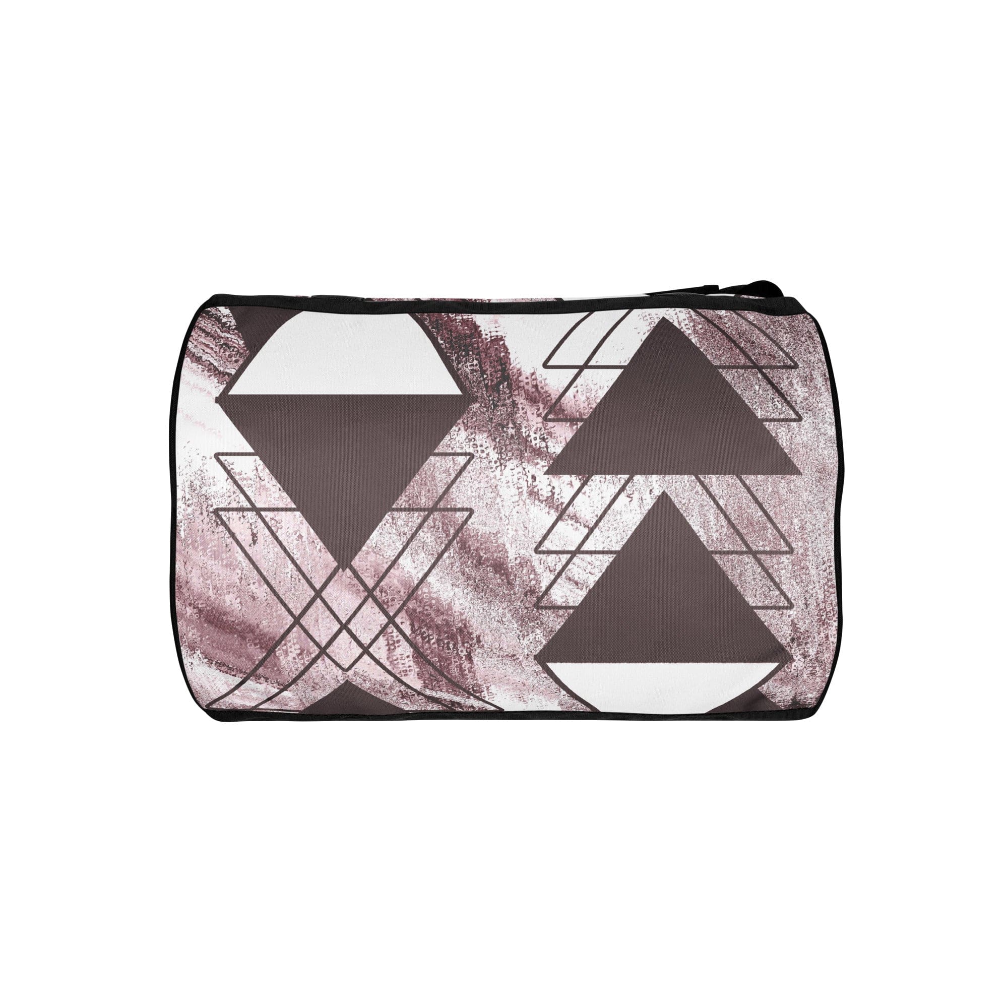 Crossbody water-resistant travel bag in mauve rose and white triangular colorblock, featuring dual padded handles and multiple pockets.