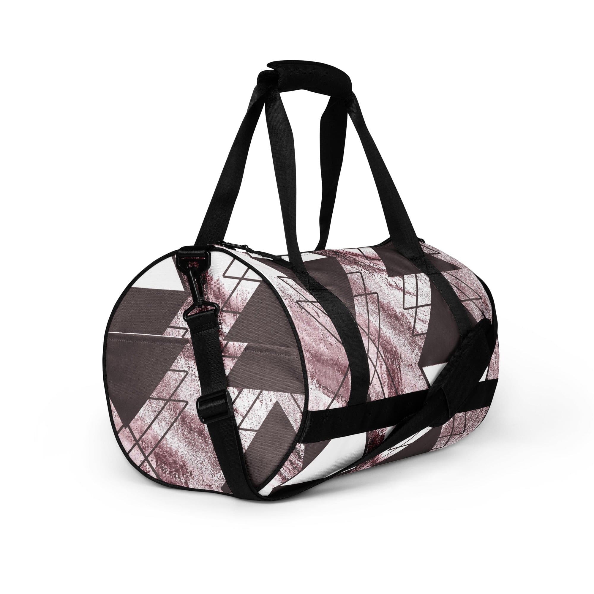 Crossbody water-resistant travel bag in mauve rose and white triangular colorblock, featuring dual padded handles and multiple pockets.