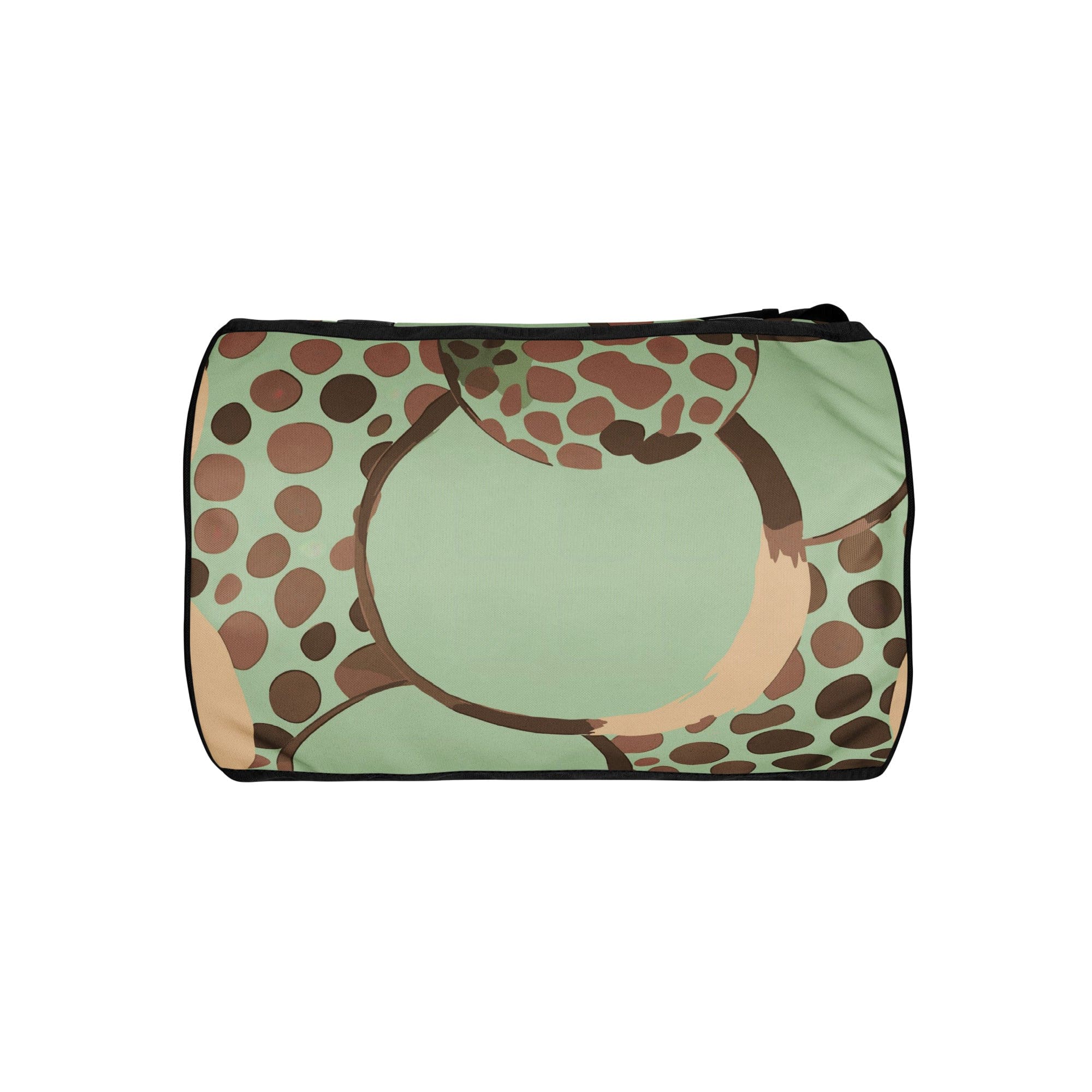 Crossbody water-resistant travel bag in mint green with brown spots, featuring dual padded handles and multiple pockets.