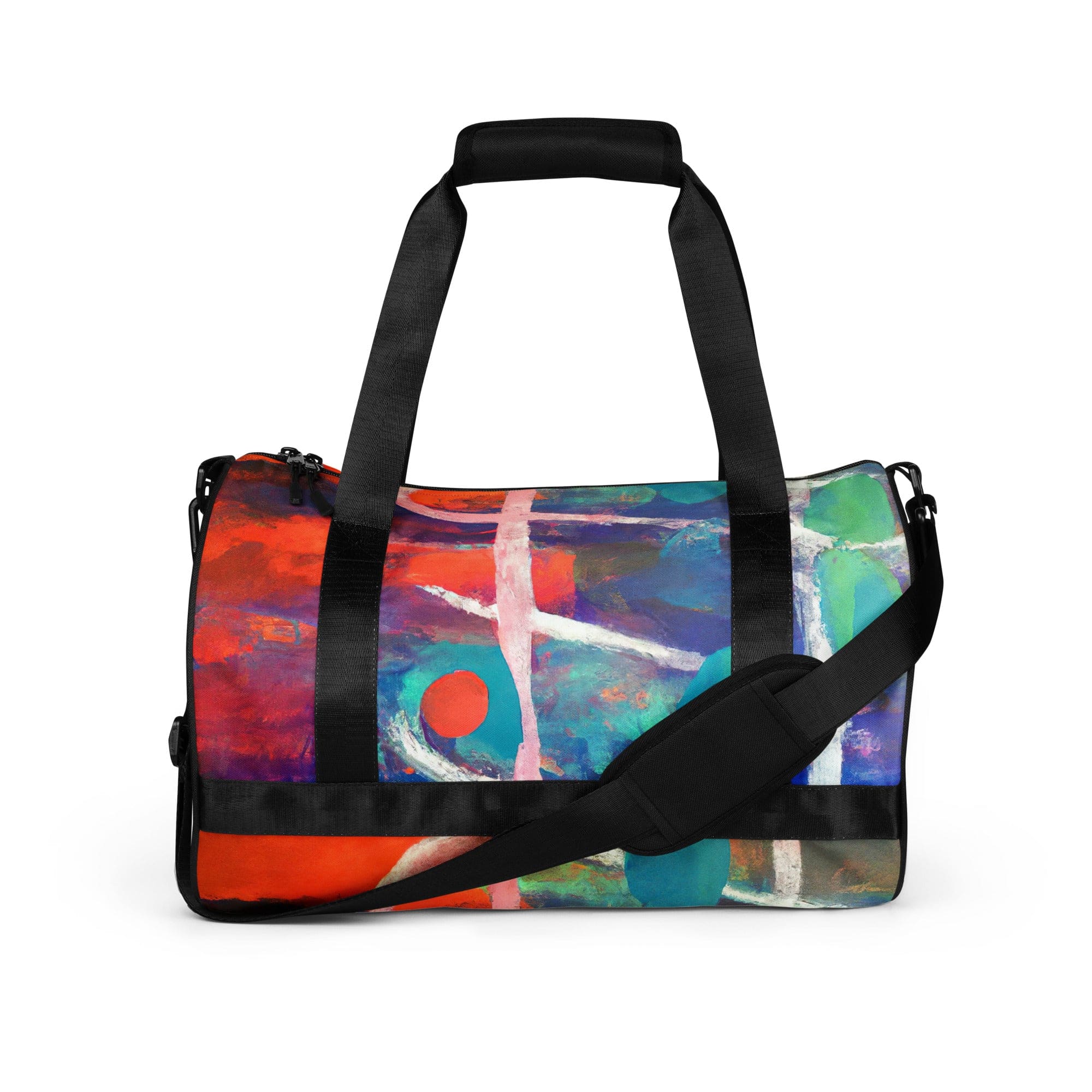 Crossbody water-resistant travel bag featuring a vibrant red-blue abstract pattern, designed for fitness and travel with multiple pockets.