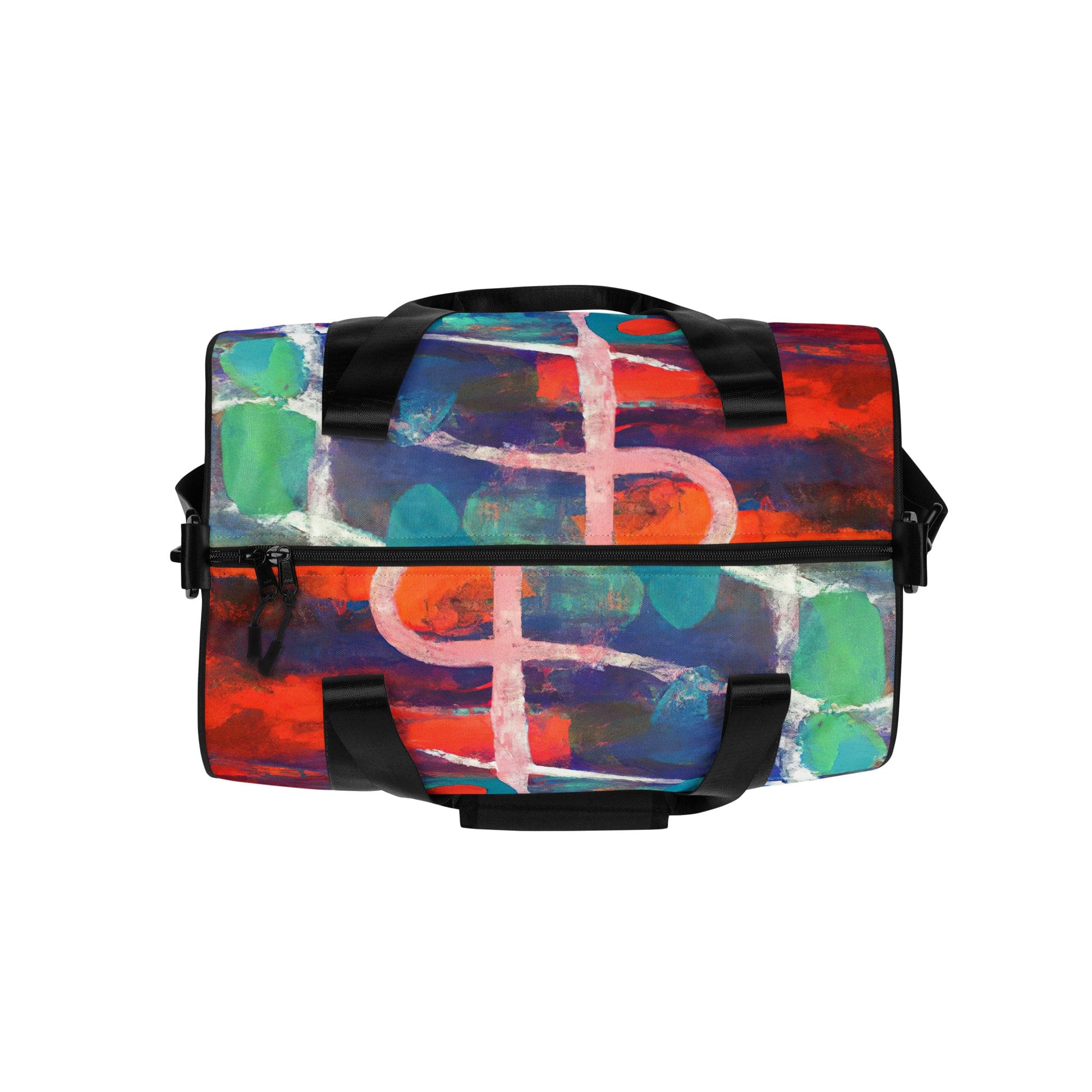 Crossbody water-resistant travel bag featuring a vibrant red-blue abstract pattern, designed for fitness and travel with multiple pockets.