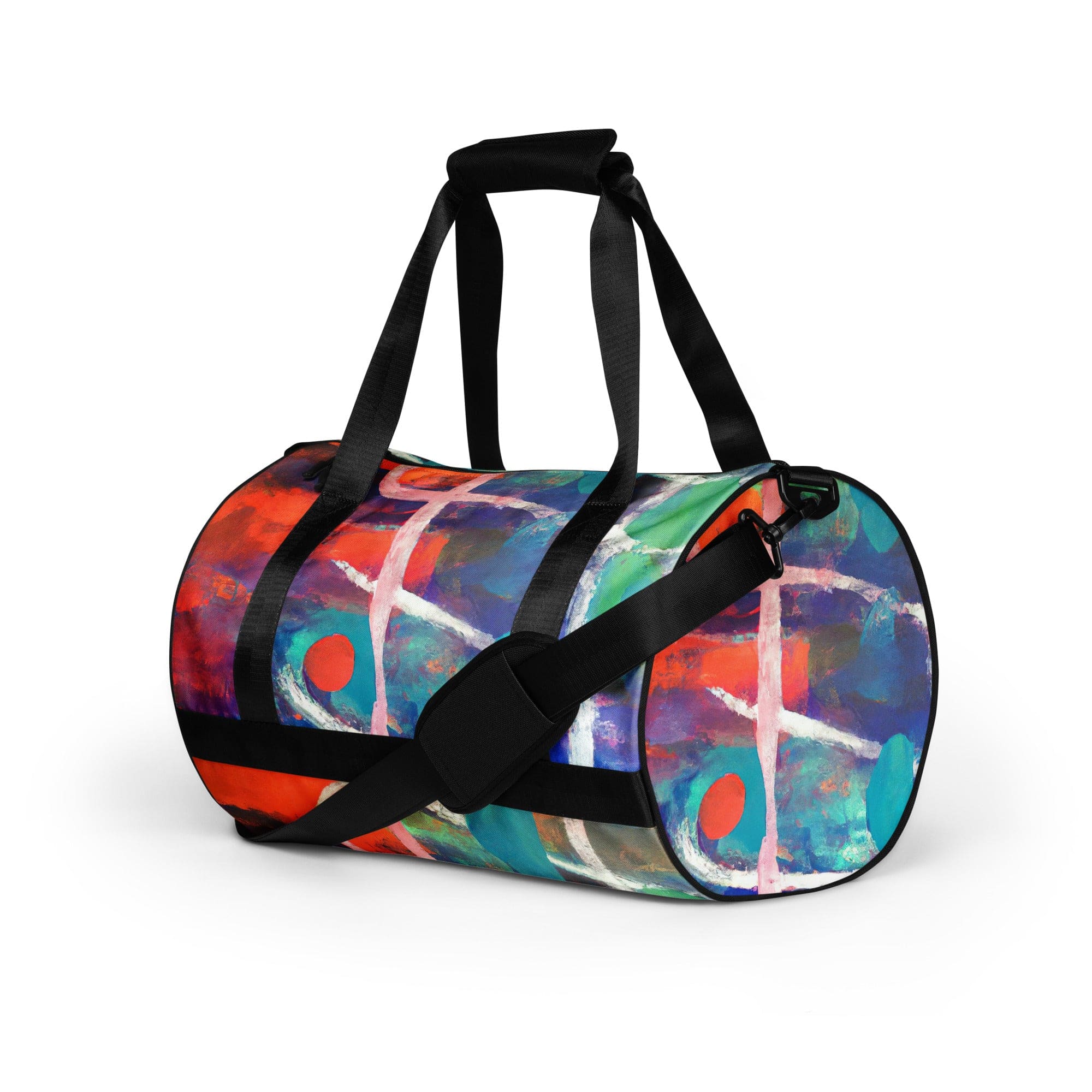 Crossbody water-resistant travel bag featuring a vibrant red-blue abstract pattern, designed for fitness and travel with multiple pockets.