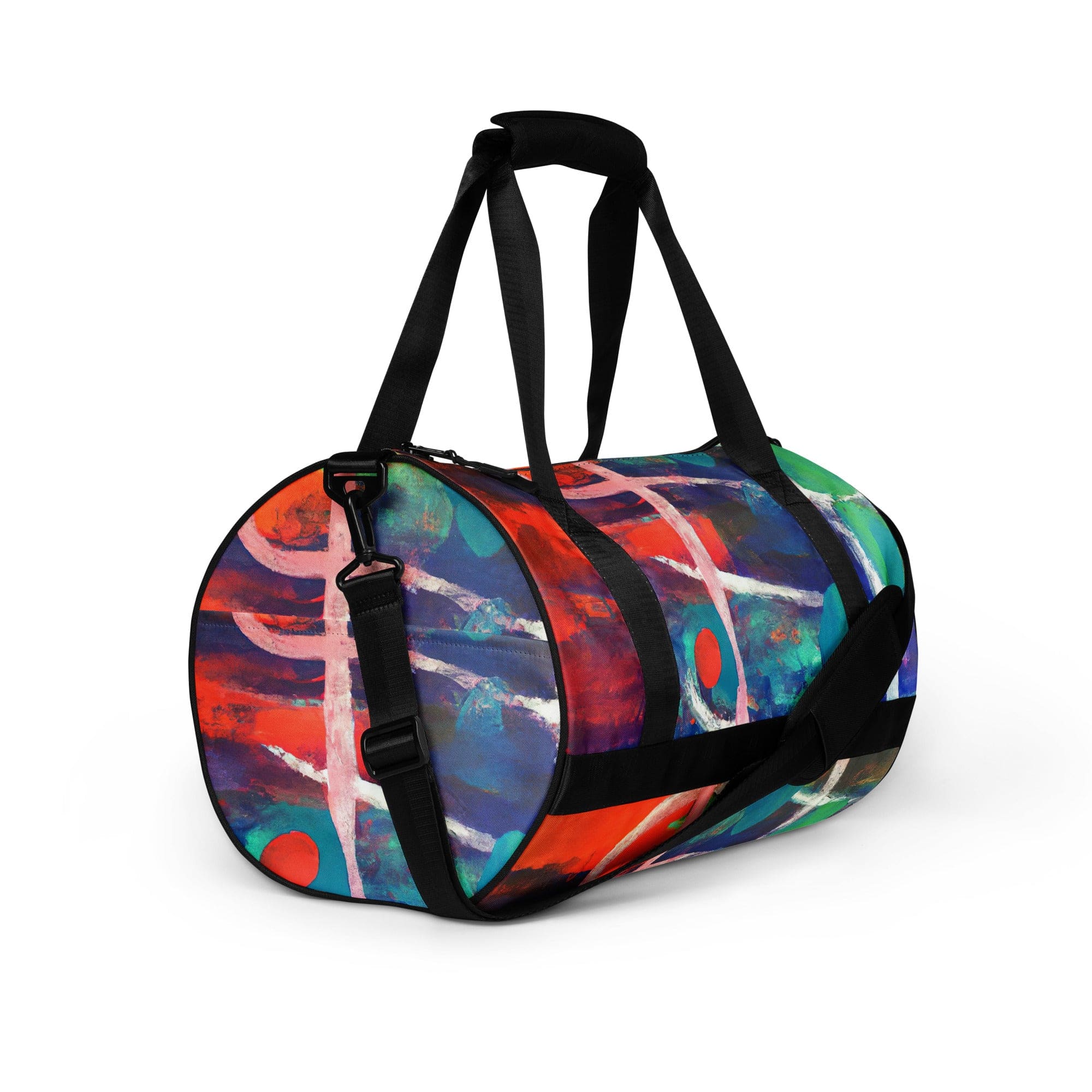 Crossbody water-resistant travel bag featuring a vibrant red-blue abstract pattern, designed for fitness and travel with multiple pockets.