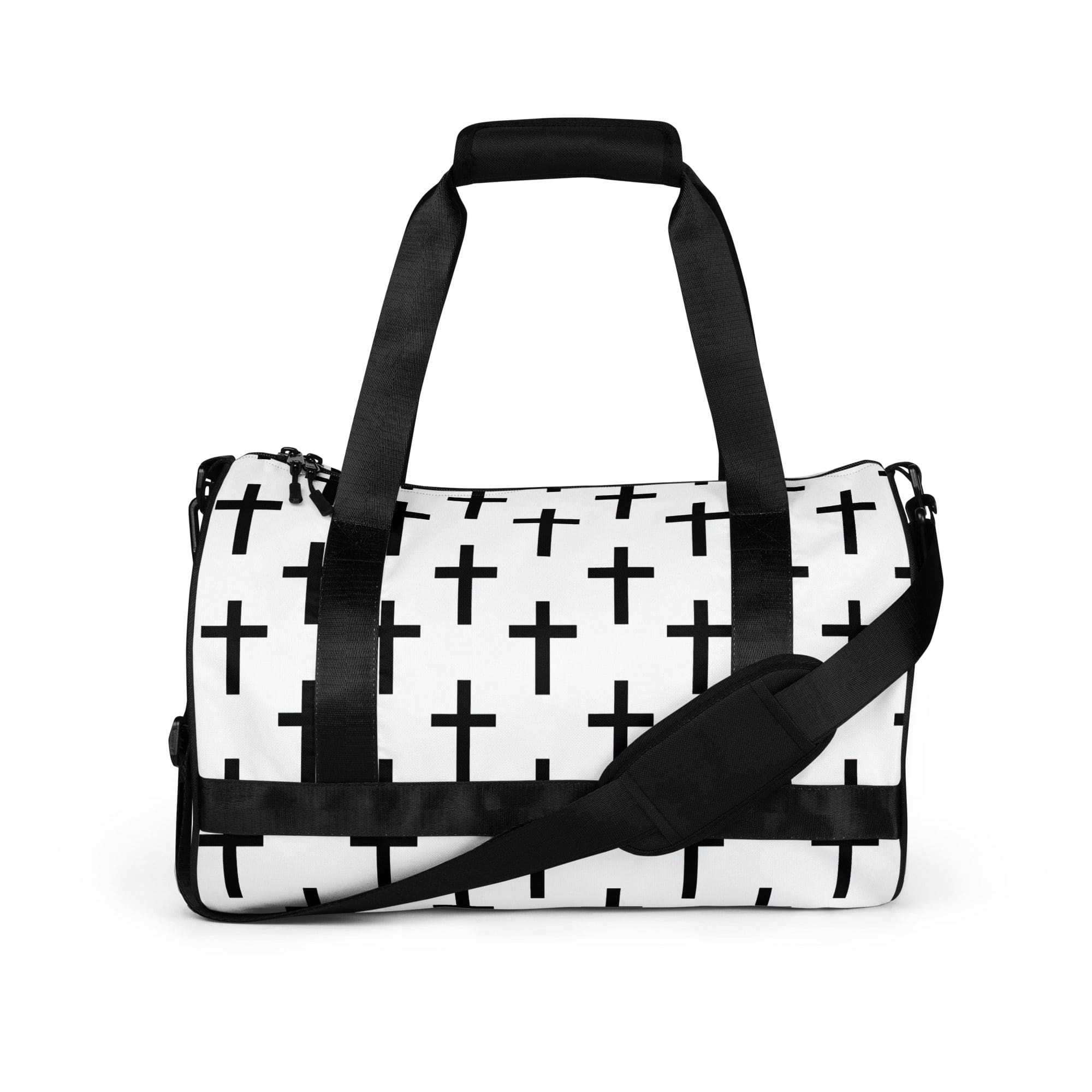Crossbody Water-resistant Travel Bag featuring a seamless cross pattern, made from durable polyester with multiple pockets.