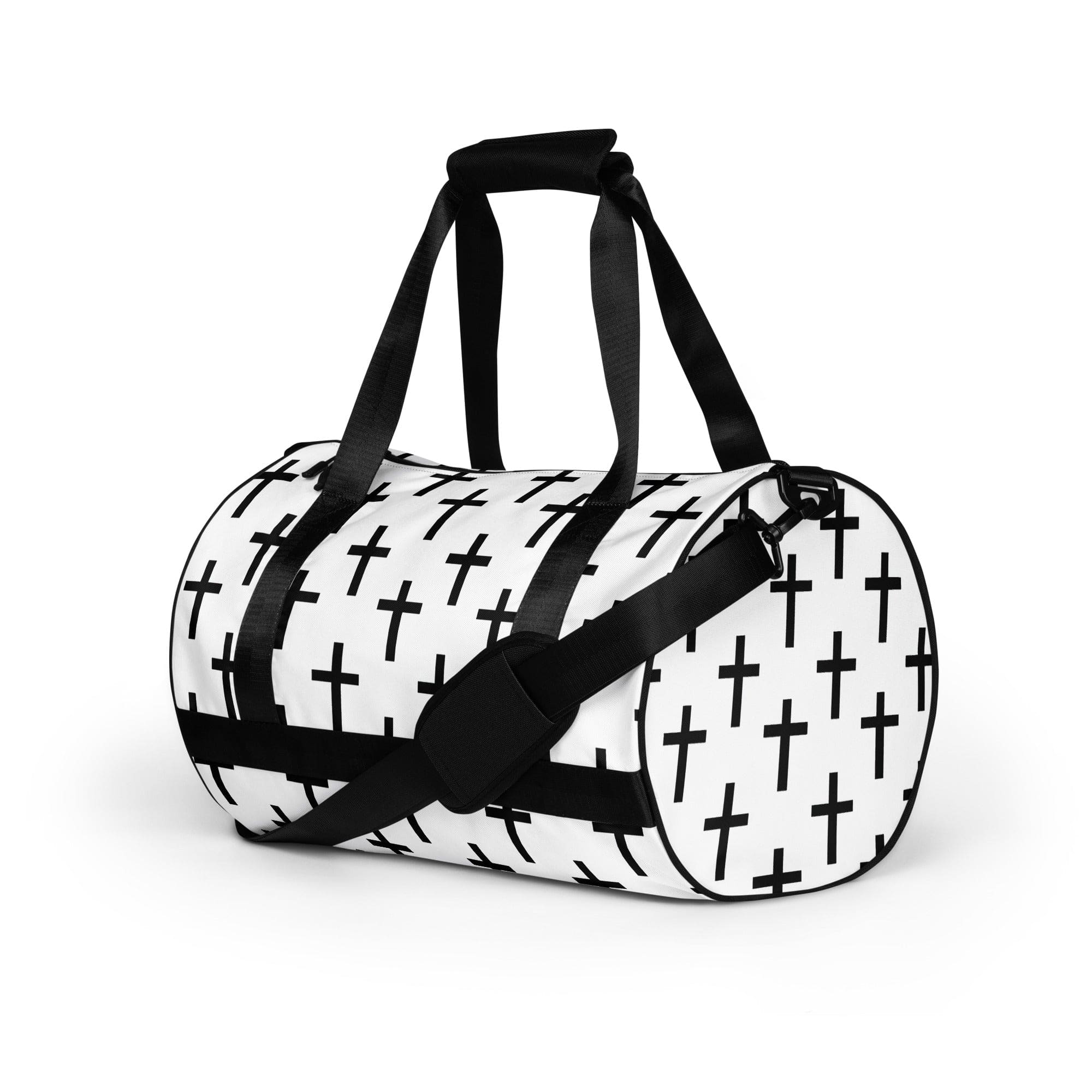 Crossbody Water-resistant Travel Bag featuring a seamless cross pattern, made from durable polyester with multiple pockets.