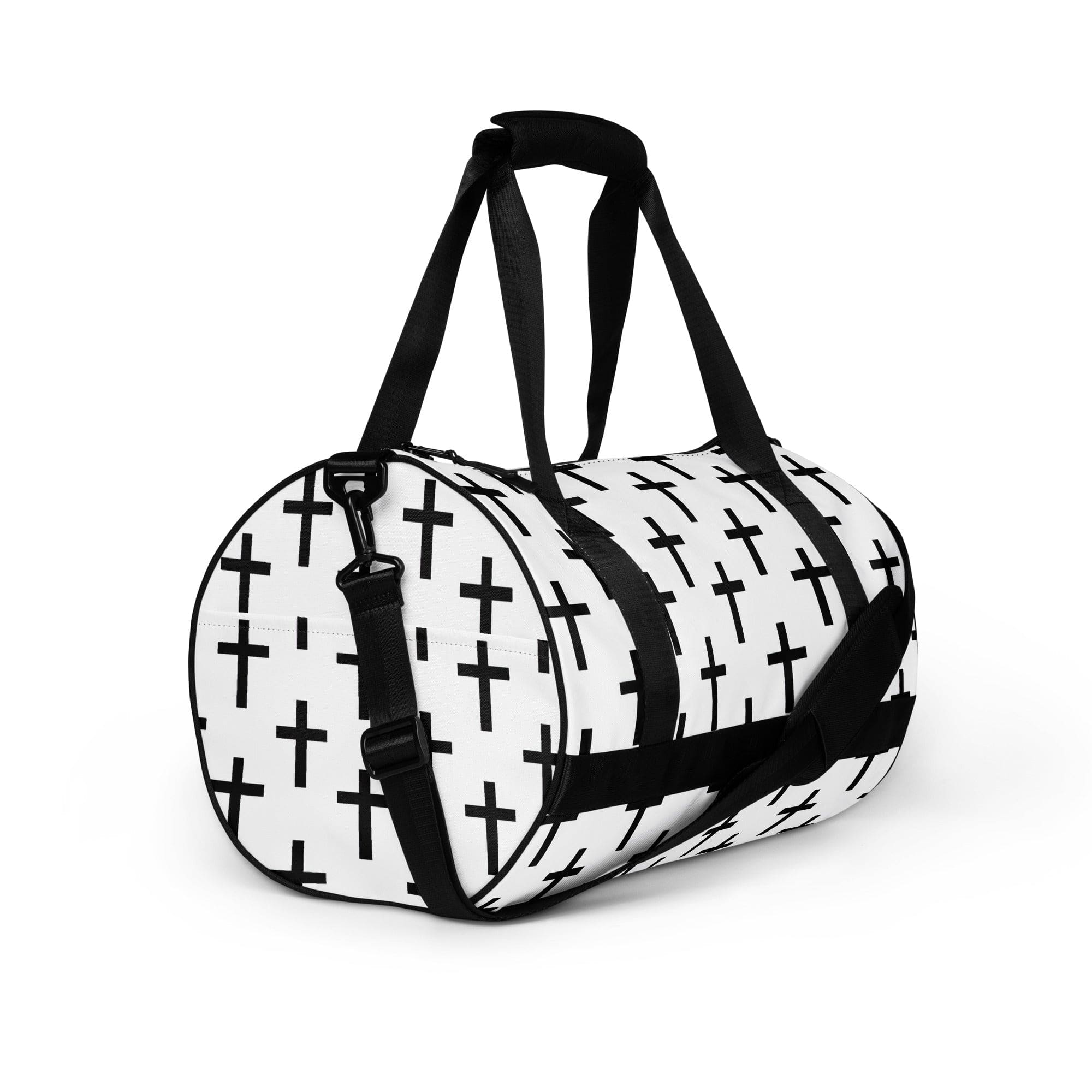 Crossbody Water-resistant Travel Bag featuring a seamless cross pattern, made from durable polyester with multiple pockets.