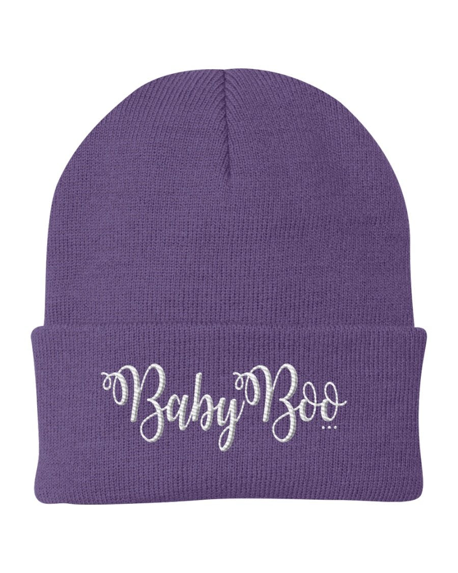 Cuffed Beanie Knit Cap featuring Baby Boo embroidered graphic, made from soft Turbo Acrylic, perfect for all seasons.