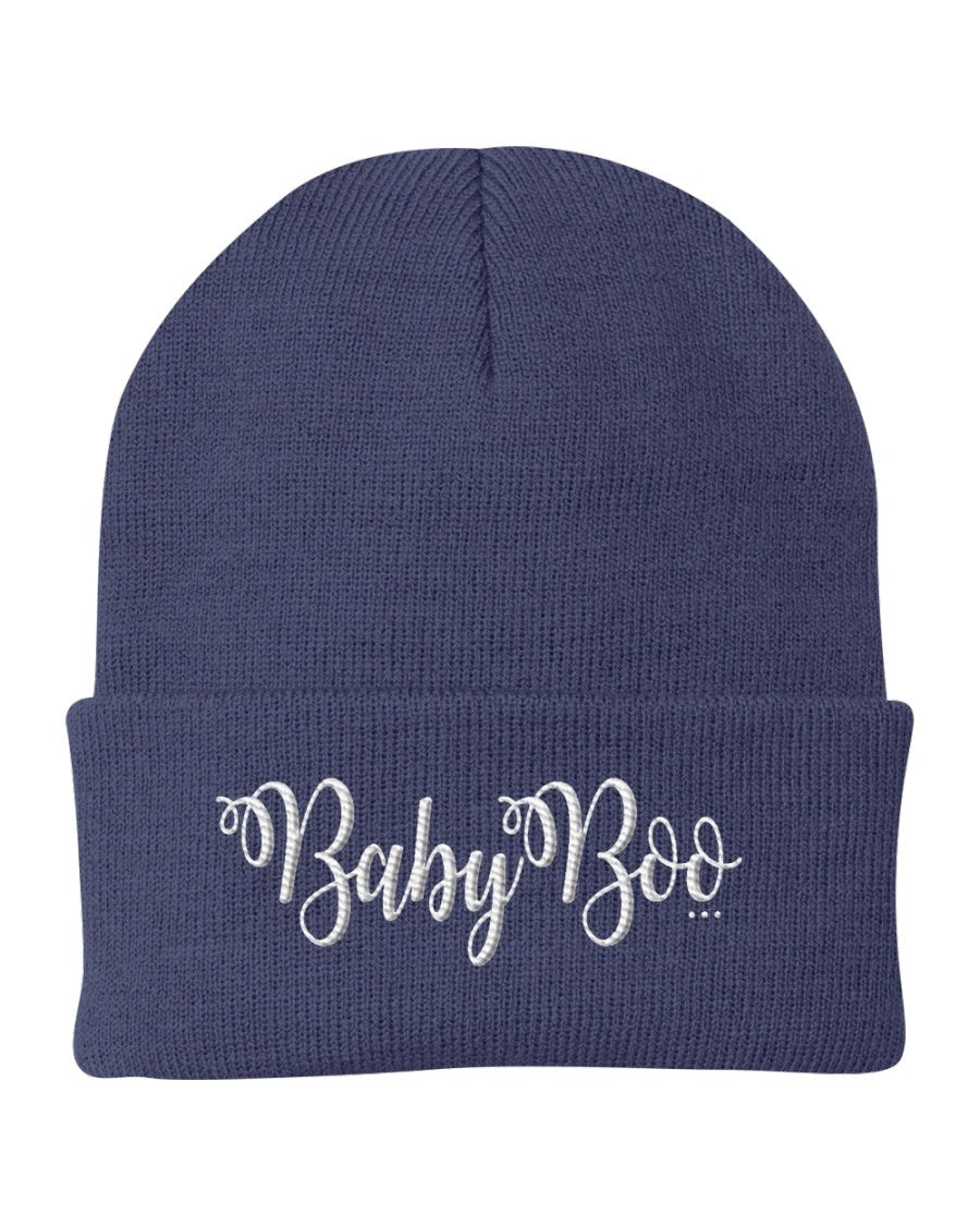 Cuffed Beanie Knit Cap featuring Baby Boo embroidered graphic, made from soft Turbo Acrylic, perfect for all seasons.