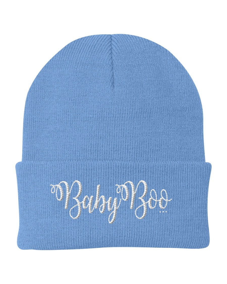 Cuffed Beanie Knit Cap featuring Baby Boo embroidered graphic, made from soft Turbo Acrylic, perfect for all seasons.