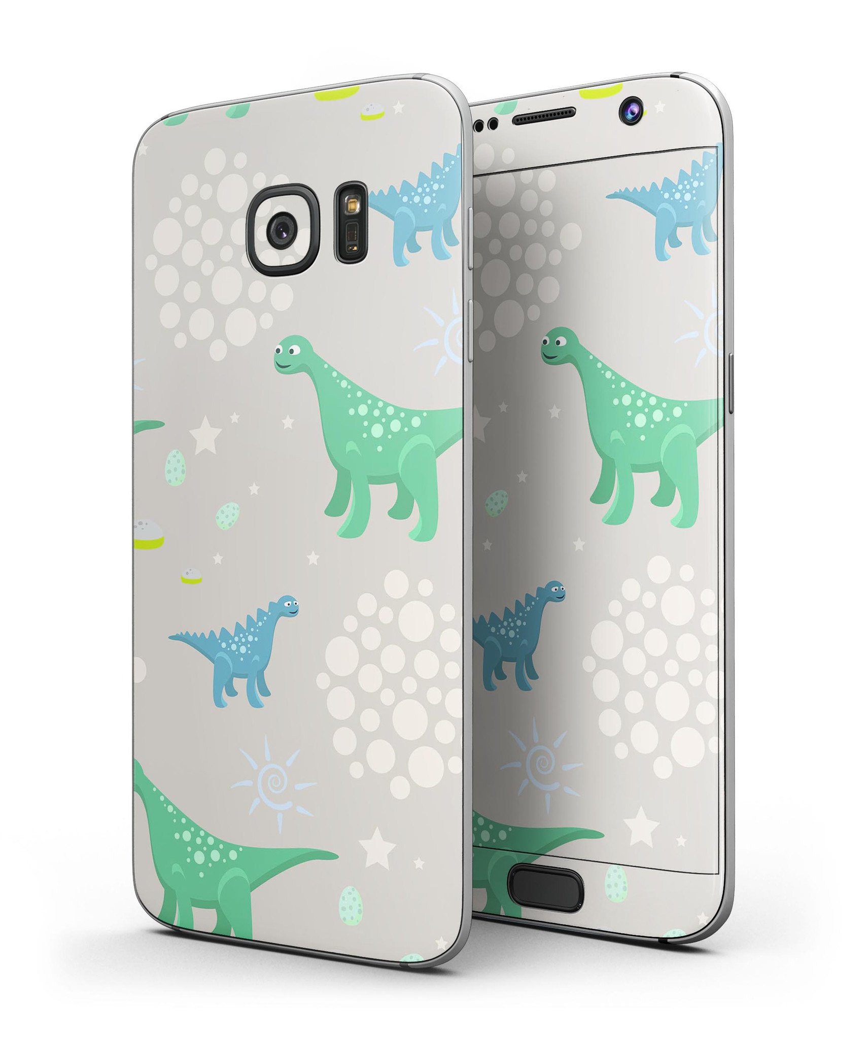 Curious Green and Blue Dinosaurs skin kit for Samsung Galaxy S7 and S7 Edge, showcasing vibrant colors and full-body coverage.