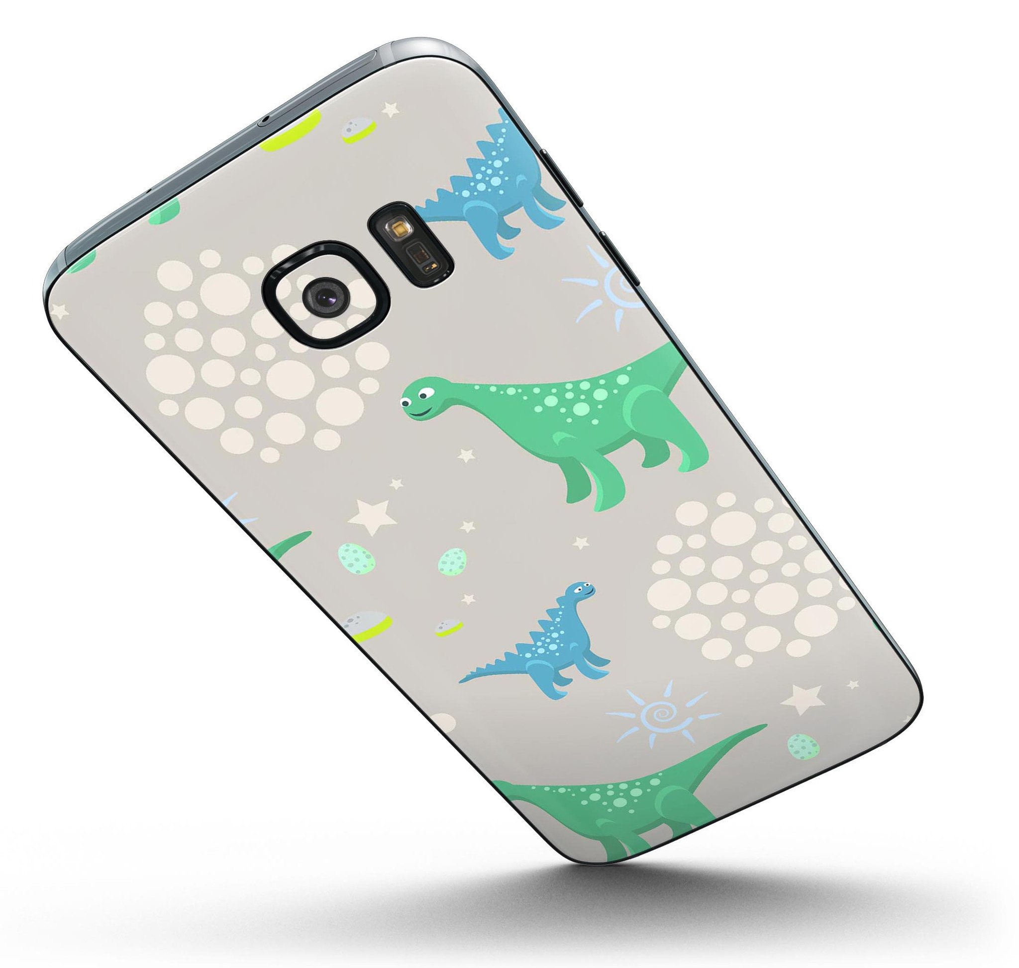 Curious Green and Blue Dinosaurs skin kit for Samsung Galaxy S7 and S7 Edge, showcasing vibrant colors and full-body coverage.