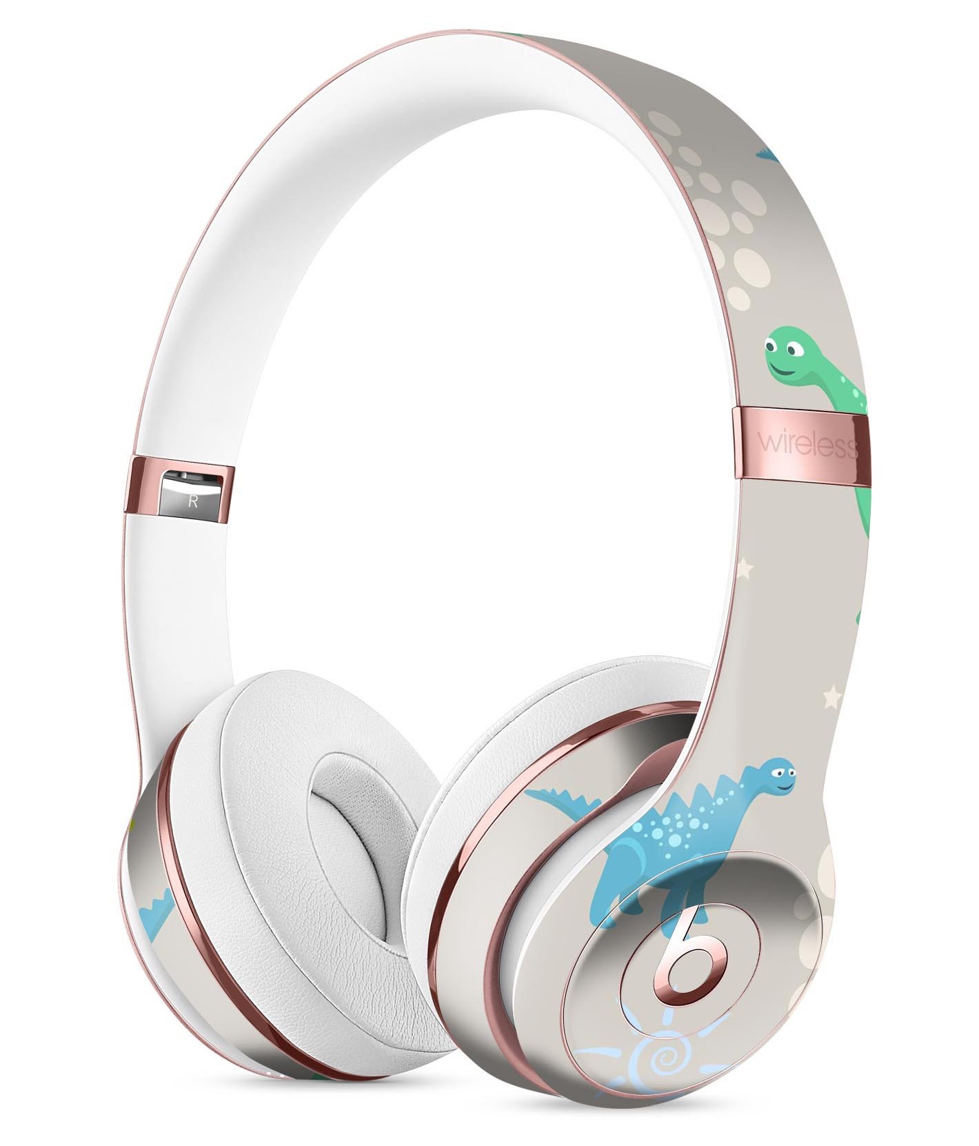 Curious Green and Blue Dinosaurs Full-Body Skin Kit for Beats by Dre Solo 3 Wireless Headphones, showcasing vibrant dinosaur graphics.