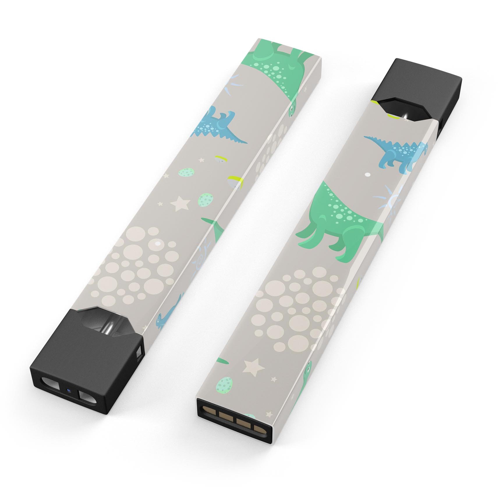 Curious Green and Blue Dinosaurs skin-wrap for JUUL vaping device, showcasing vibrant dinosaur graphics and premium quality.