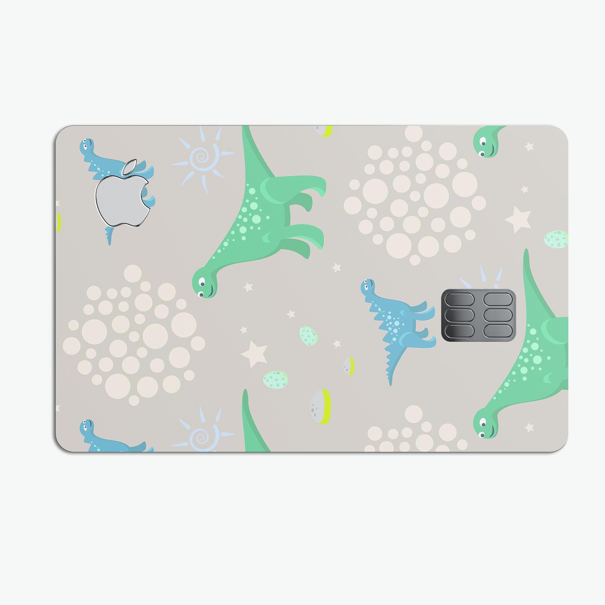 Curious Green and Blue Dinosaurs skin kit for Apple Card, showcasing vibrant dinosaur designs on a premium vinyl material.