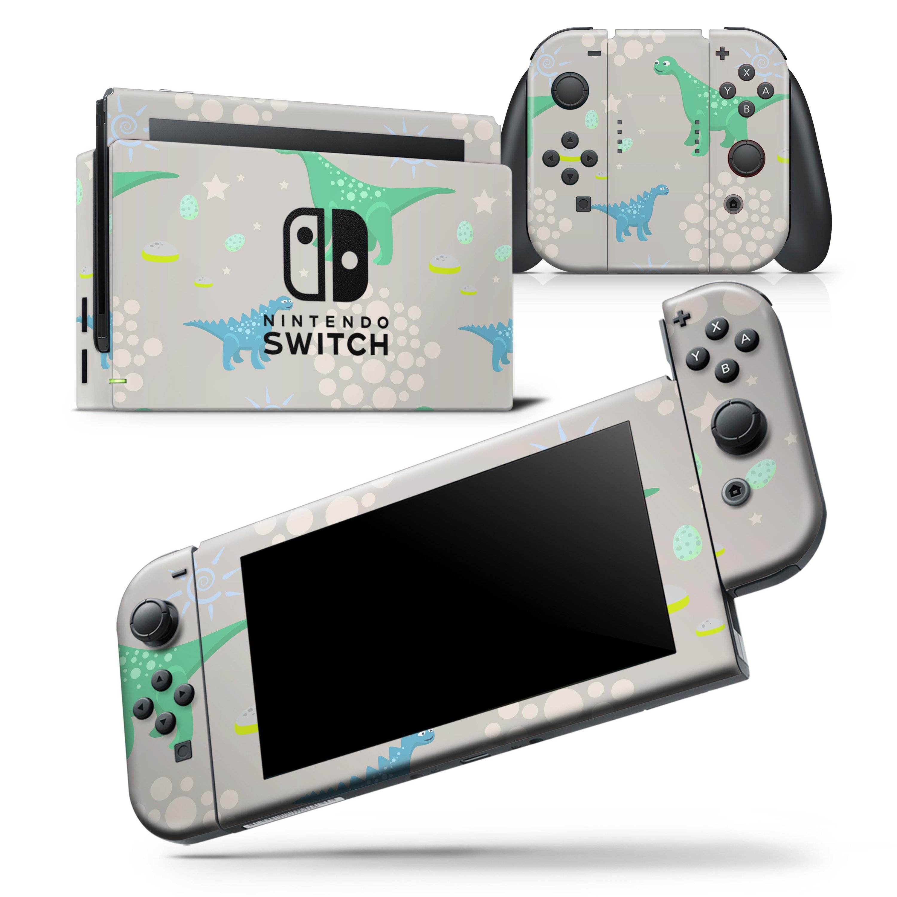 Curious Green and Blue Dinosaurs skin wrap decal for Nintendo Switch, showcasing vibrant colors and unique design.