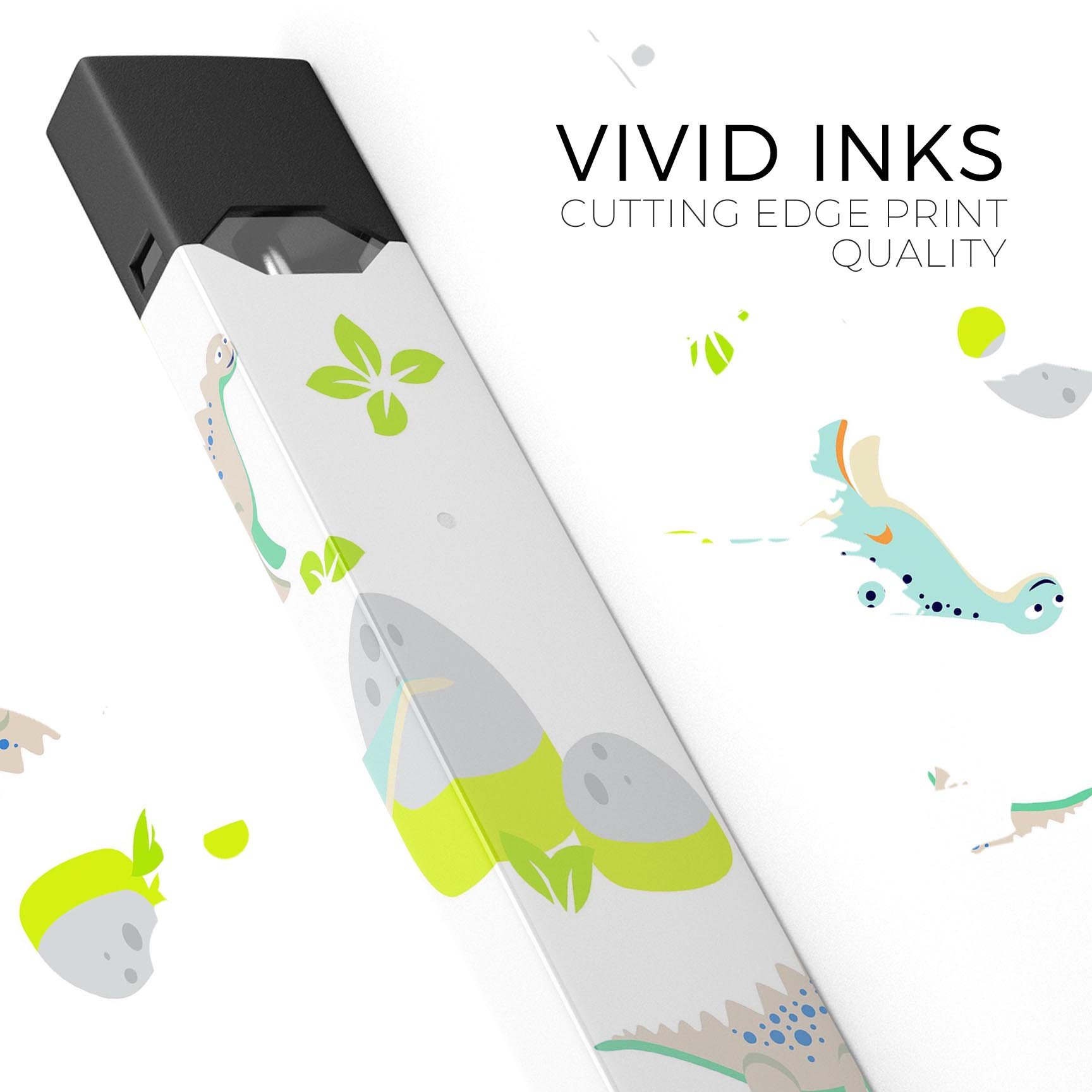 Curious Teal Dinosaur and Eggs decal skin wrap for JUUL vaping device, featuring vibrant colors and a playful design.