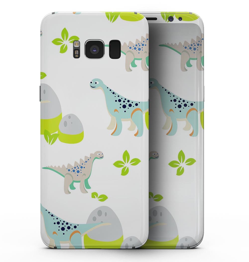 Curious Teal Dinosaur and Eggs skin for Samsung Galaxy S8, showcasing vibrant colors and playful design.