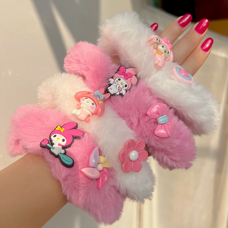 Cute Princess Pink Plush Hair Tie featuring a soft plush material and a charming crown design in pink.