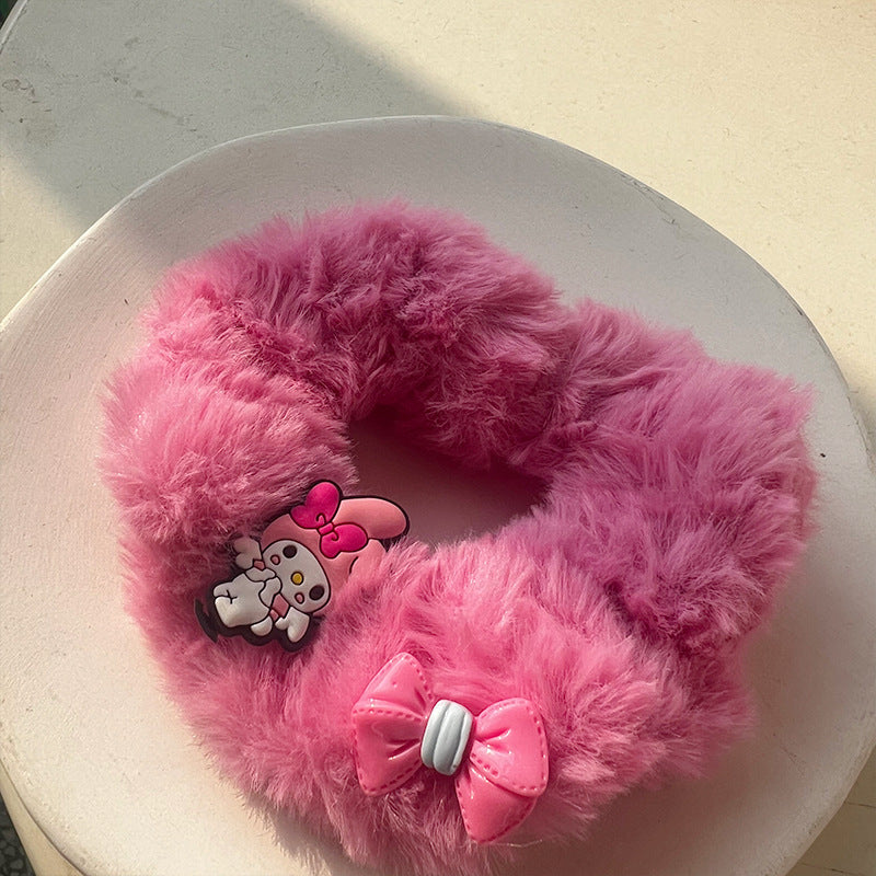 Cute Princess Pink Plush Hair Tie featuring a soft plush material and a charming crown design in pink.