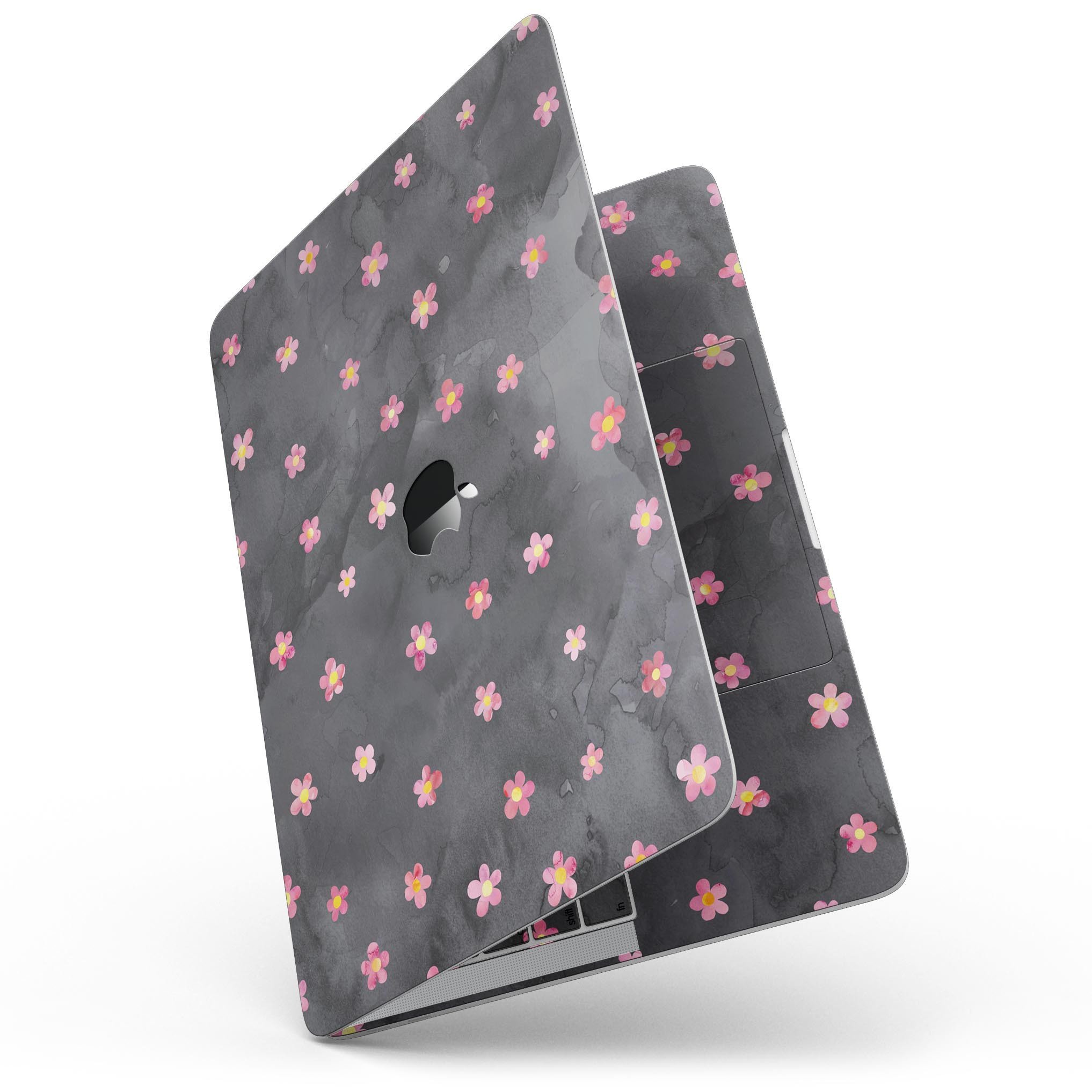 Cute watercolor flowers design on a black background for a 13" MacBook Pro without Touch Bar, showcasing vibrant colors and artistic style.