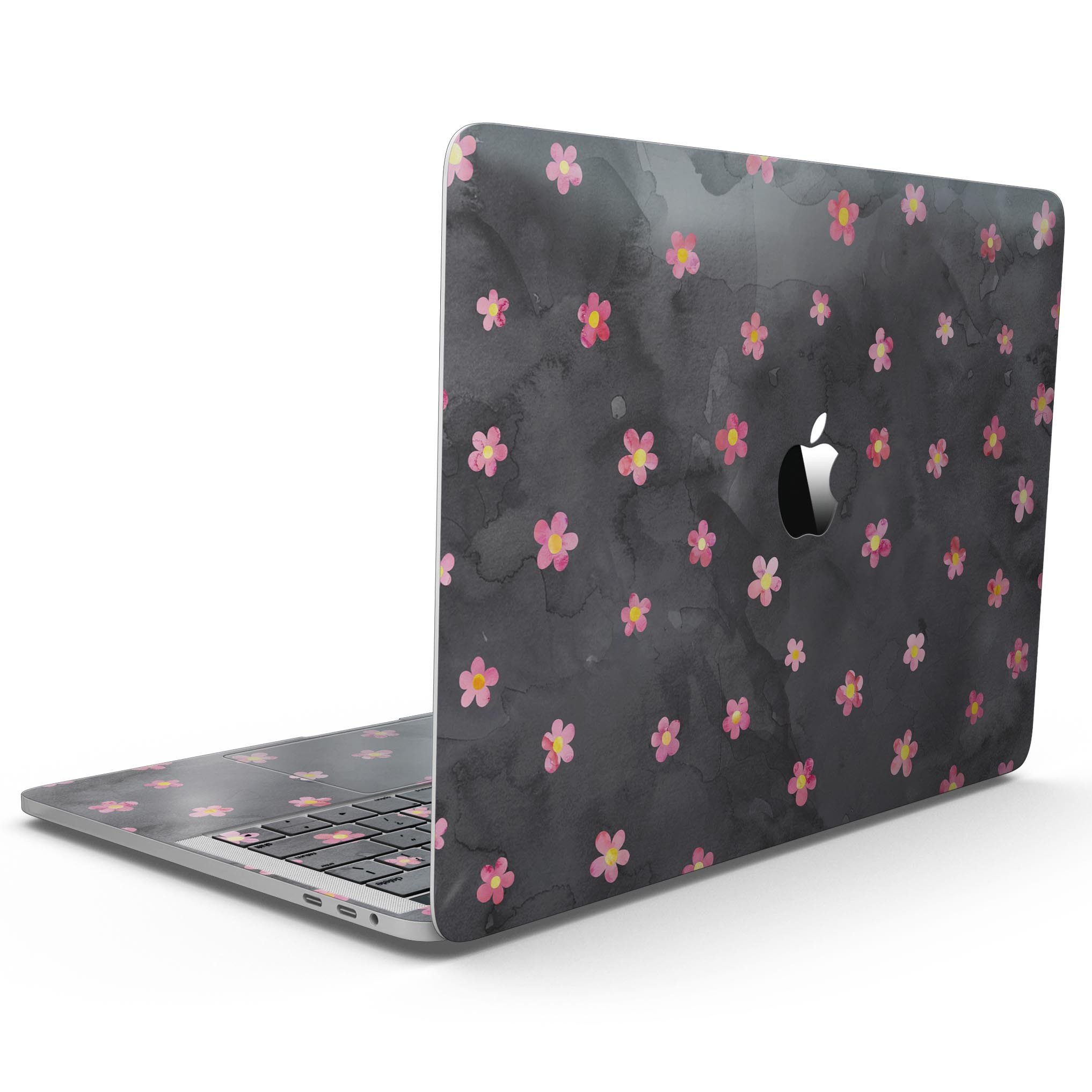 Cute watercolor flowers design on a black background for a 13" MacBook Pro without Touch Bar, showcasing vibrant colors and artistic style.